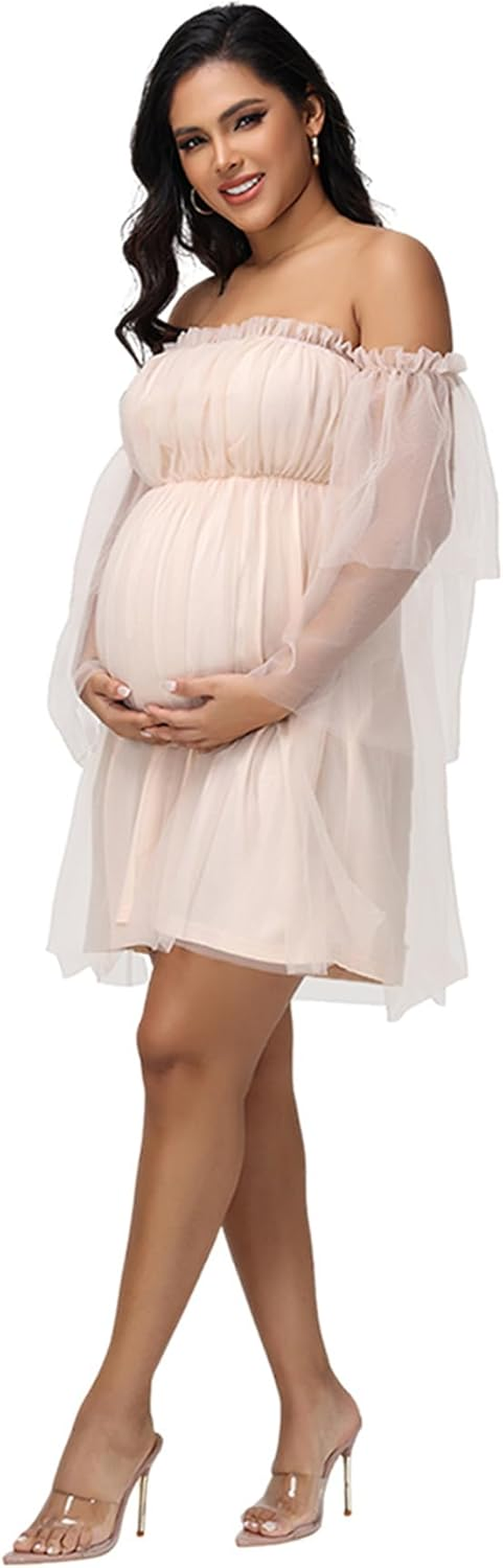 Justvh Women'S Maternity off Shoulder Ruffle Sleeves Mesh Baby Shower Dress for Photoshoot Party Mini Short Gown image number 2