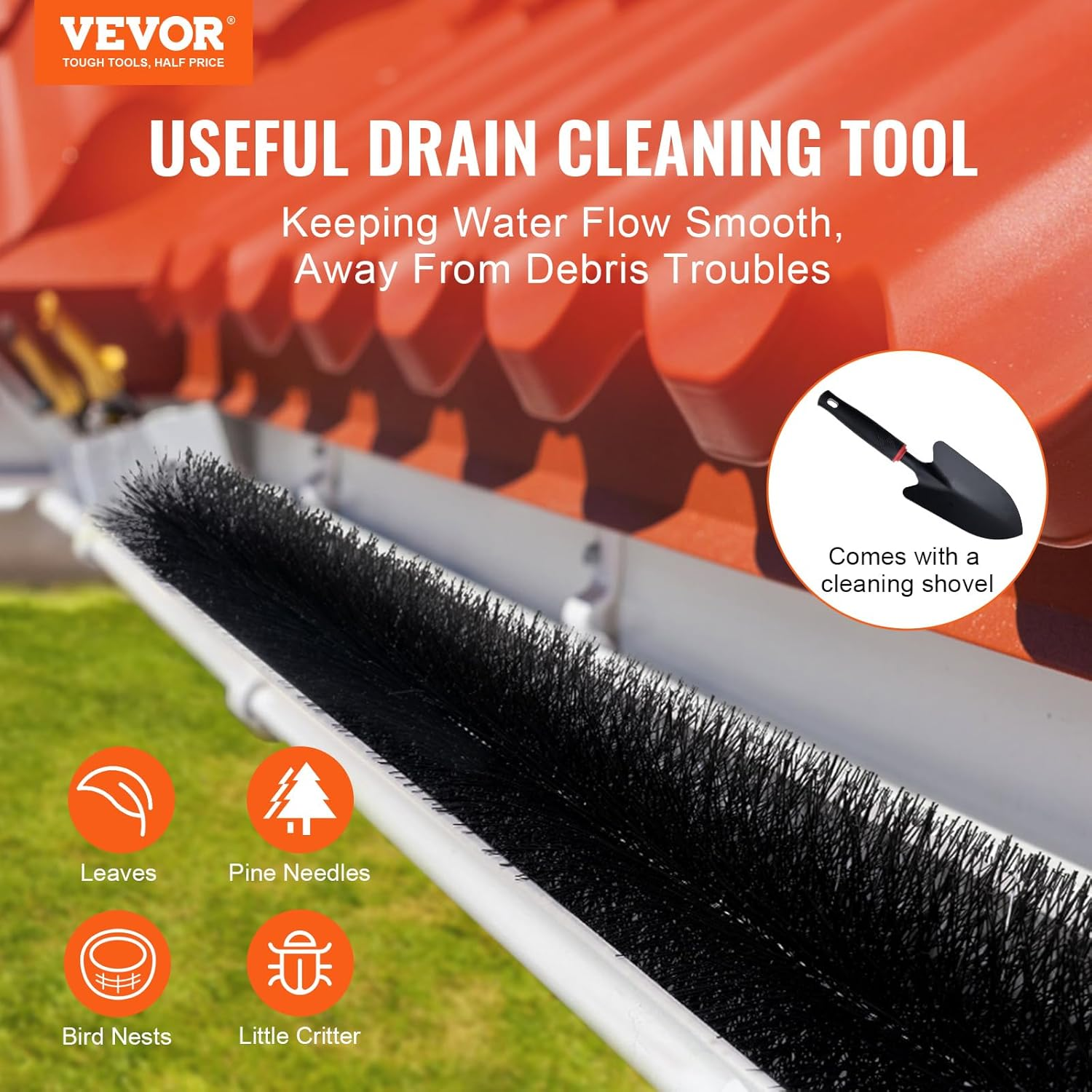 VEVOR Gutter Brush, 60 Feet Total Length 5.25 Inch Diameter Gutter Cleaning Tools, Ground-Level Gutter Brush Leaf Guard for 5 Inch Gutters, Easily Clear Roof Leaves and Debris, 20 Pack