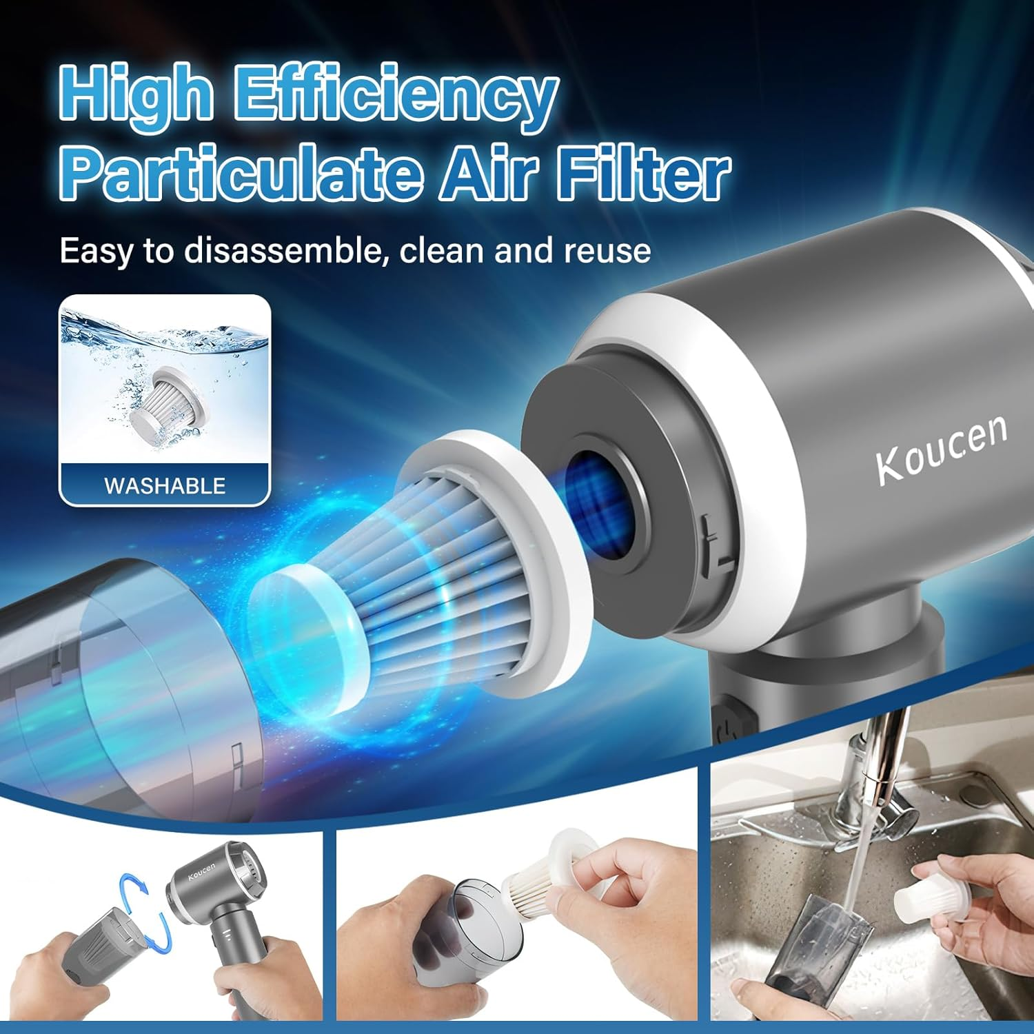 4-In-1 Car Vacuum Cleaner and Dust Buster, 20000Pa Suction Power Portable Handheld Vacuum Cordless Rechargeable, Mini Vacuum with 3 Reusable Filter for Car Home Office & Pet(Silver Gray) image number 4