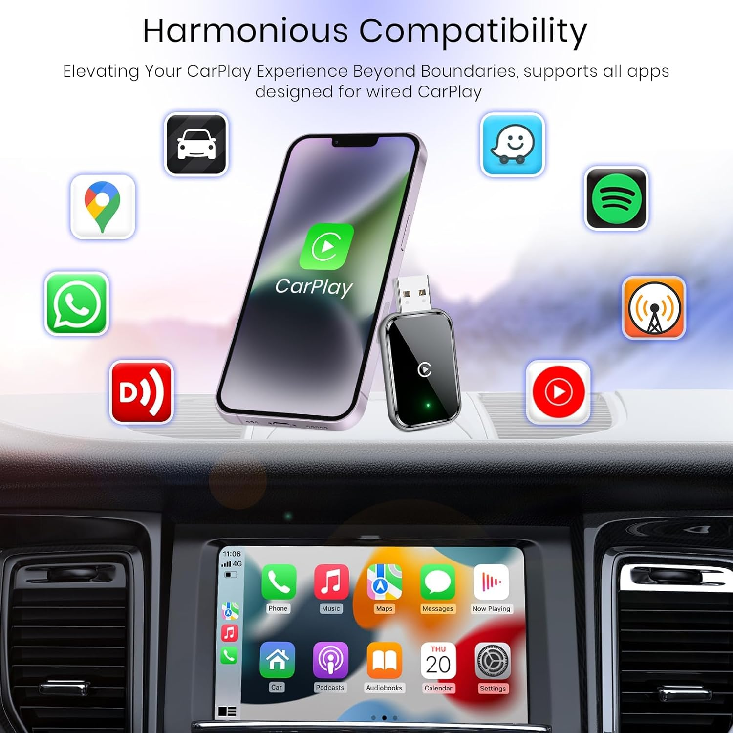 2 in 1 Wireless Carplay & Android Auto Adapter, Easily Convert Wired to Wireless Adapter,Fast and Stable Control with Mini Size, Equipped with Extension Cable USB-C Type-C