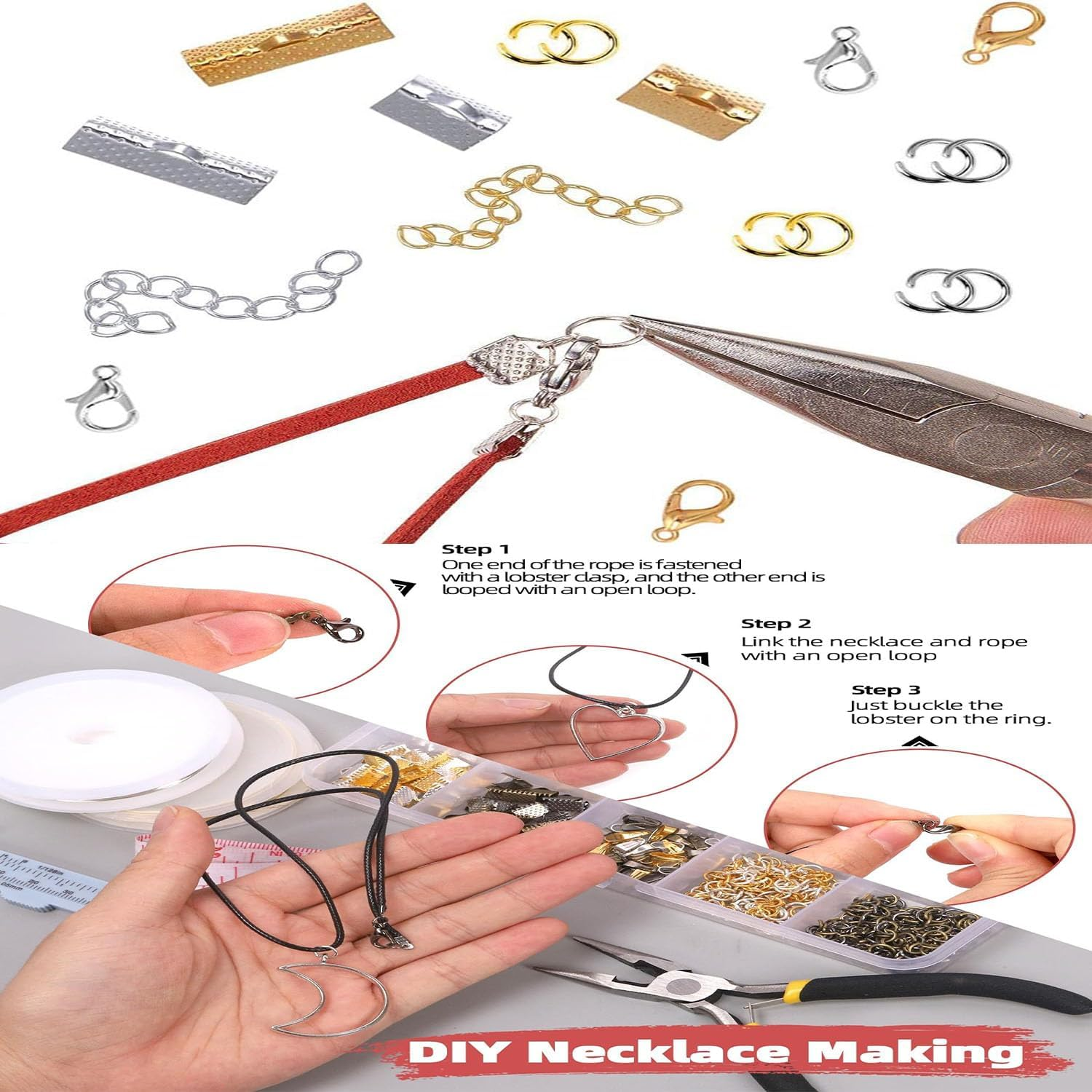 Paifeancodill Ribbon Bracelet with Pliers Tool Assortment Kit, Bookmark Pinch Crimp Ends Lobster Clasps with Jump Rings and Chain Extenders, Ribbon Clamps Ends with Pliers Set for Jewelry Making(771) image number 3