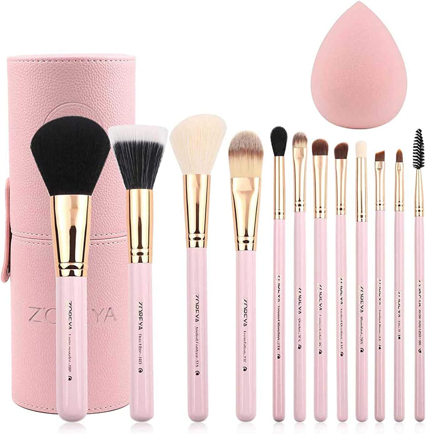 Zoreya Makeup Brush Set 12Pcs Pink Synthetic Makeup Brushes Travel Set with Holder Makeup Brush Organizer Foundation Powder Contour Blush Eye Cosmetic Brush Sets in Case with Bonus Gift Makeup Sponge
