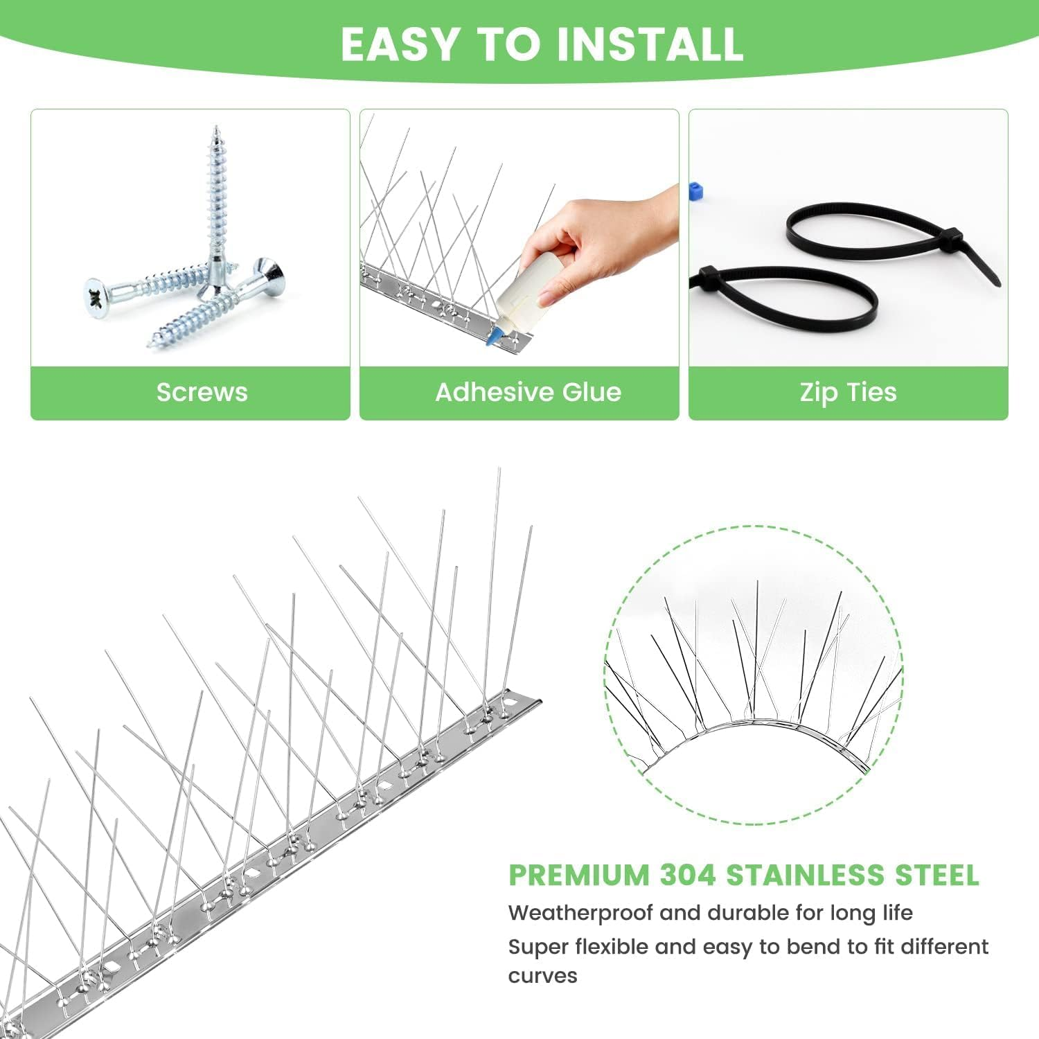 10FT Bird Spikes, Stainless Steel Bird Repellent Spikes Kit with Base, Pigeon Repellent Balcony for Outdoor, Deterring Pigeon, Crows and Rodents image number 3