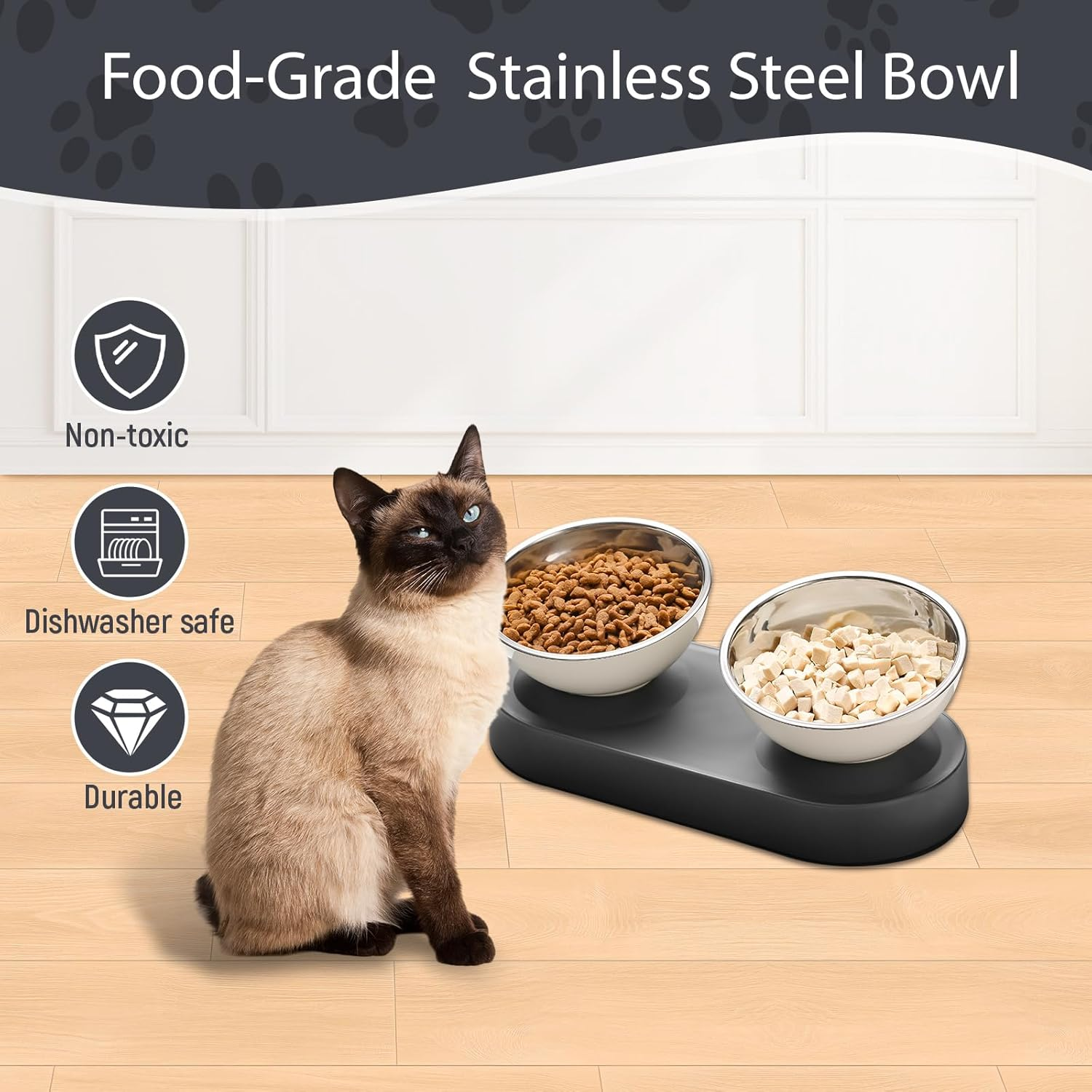 Marchul Stainless Steel Elevated Dog Food Bowls Set with Spill Proof Dish Mat, Raised Tilted Cat Bowl for Healthy Digestion, 1-Second Detachable & Dishwasher Safe image number 2