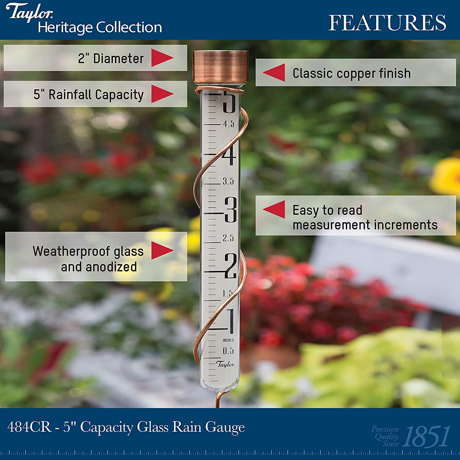 Taylor Precision Products Heritage 27" Tall Glass Rain Gauge, 5" Capacity, Copper image number 2