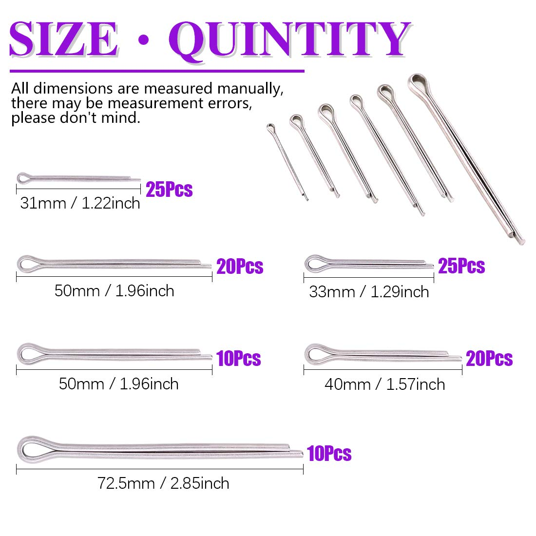 Swpeet 110Pcs 304 Stainless Steel Cotter Pin Clip Key Fastener Fitting Assortment Kit Perfect for Automotive Mechanics Small Engine Repair image number 6