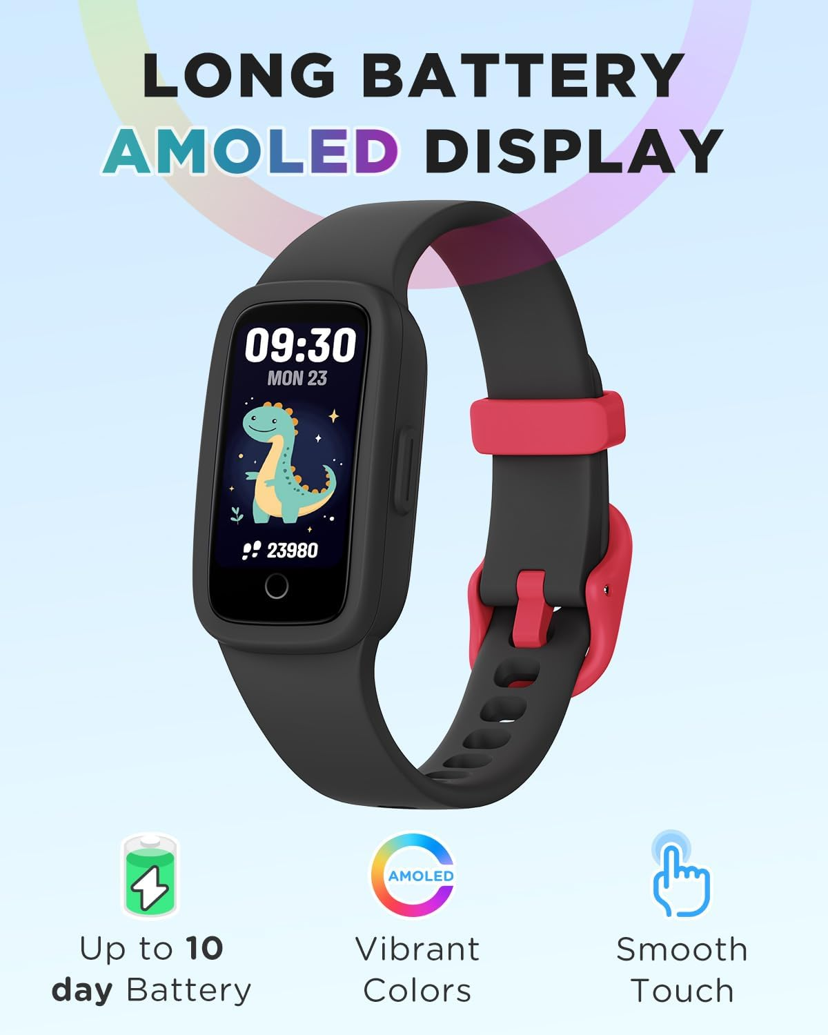 BIGGERFIVE Vigor 3 Kids Fitness Tracker Watch, AMOLED Screen, No App No Phone Needed, 3ATM Waterproof, Heart Rate and Sleep Monitor, Pedometer Watch, Sports Step Counter for Boys Girls Ages 5-15,Black - Blue image number 3