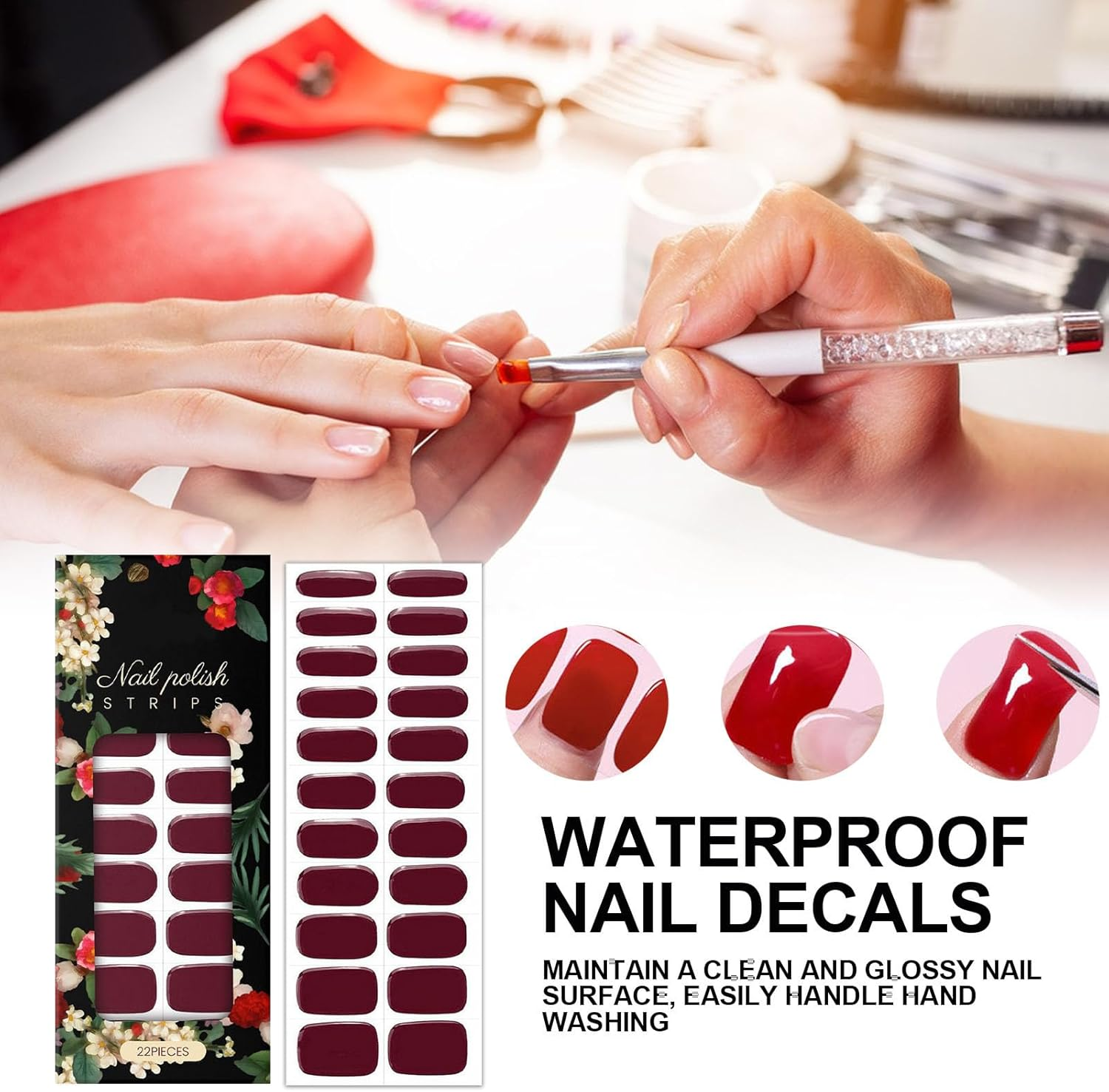 Rrlihjgu Nail Polish Wraps | 22 Piece Stick on Nail Polish | Waterproof Red Decals Long-Lasting Press-On Fingernail Art for Halloween Fall Manicure Pedicure image number 5