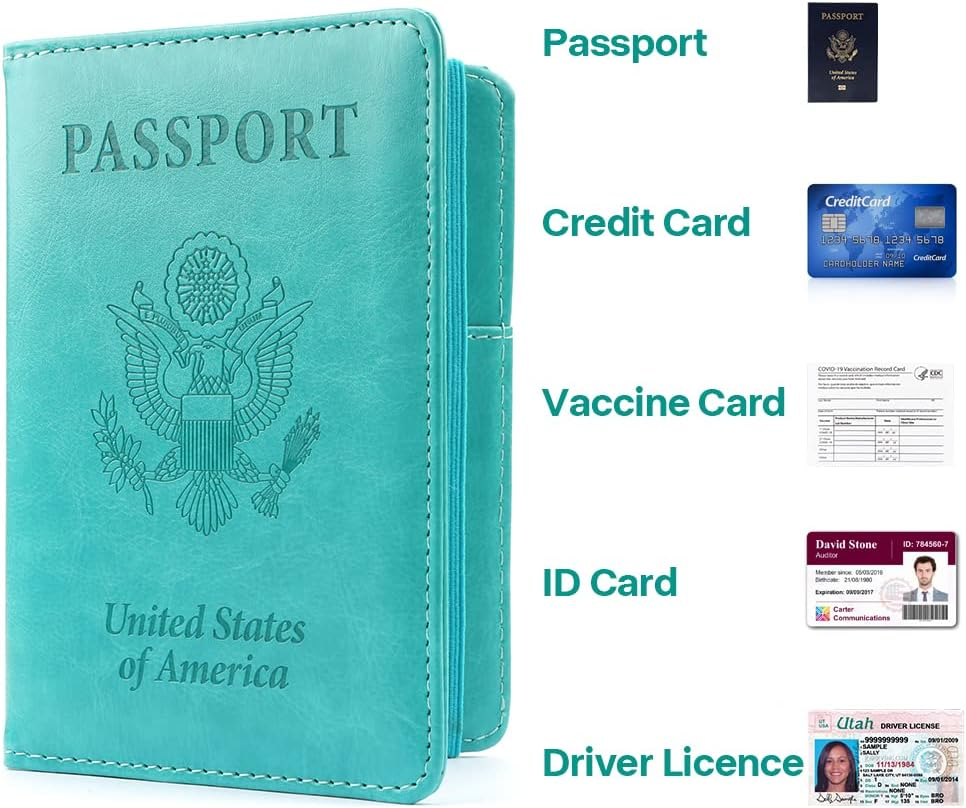Passport Holder and Vaccine Card Holder, Passport Wallet Passport Cover with RFID Blocking, Lake Blue, Compact