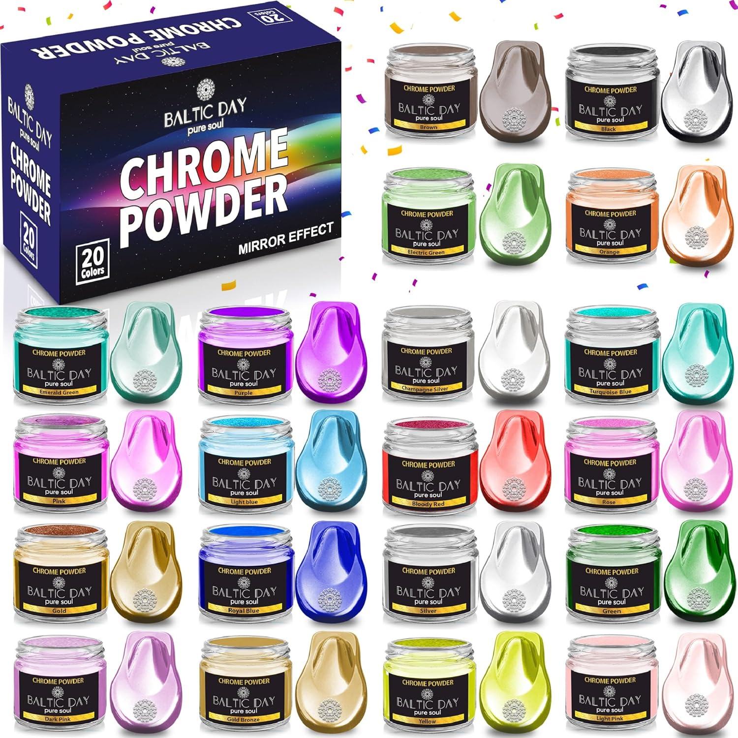 BALTIC DAY Chrome Mica Powder - 10 Colors, Chrome Finish - Metallic Mirror Effect - Nail Powder, Pigment Powder for Resin, Crafting, Painting, Slime