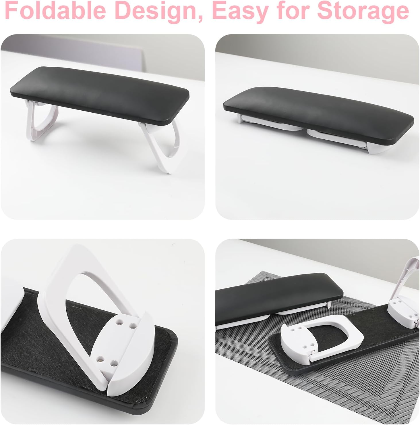 ANGNYA Nail Arm Rest for Nail Tech, Foldable Hand Stand for Nail Tech with PVC Table Mat Microfiber Leather Nail Arm Rest with Bracket Manicure Arm Rest for Nail Salon Technician (Black)