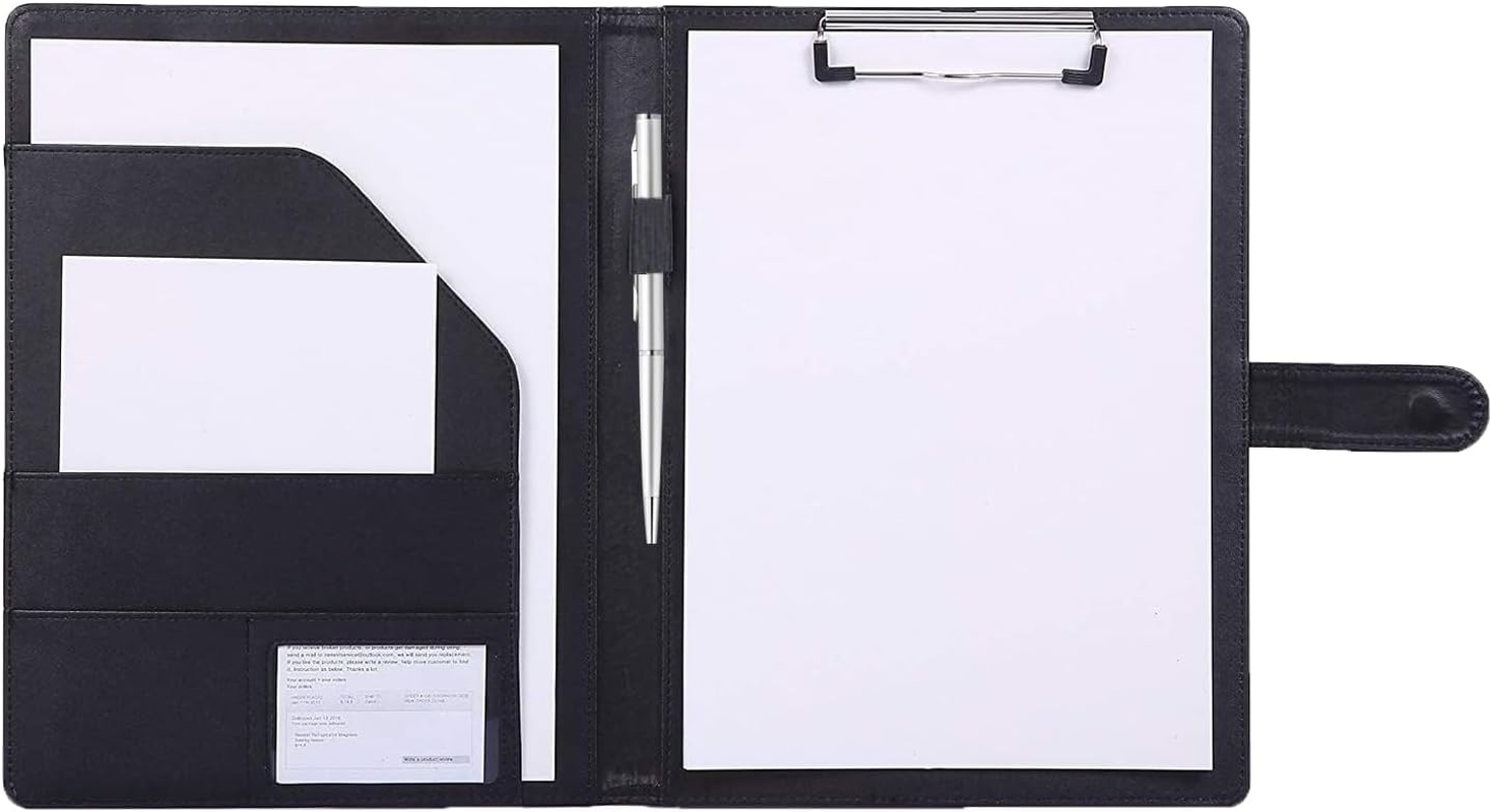 Padfolio Clipboard Folder，A4 Faux Leather Portfolio with Pen Holder & Organizer Pockets for Business, School and Meeting (Black)