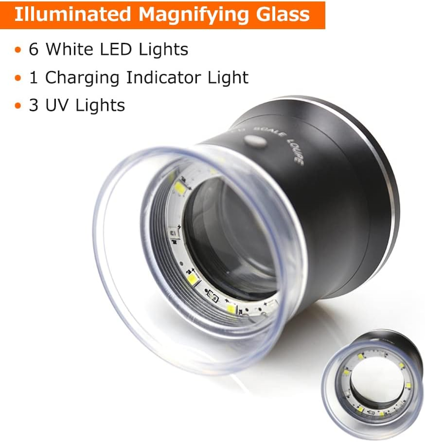 30X LED Scale Loupe Illuminated Magnifier with 6 White 3 UV Lights Rechargeable Magnifying Glass Interchangeable Reticle Scale for PCB Jewelry Coin Stamp Antique Textile Painting, with Zipper Bag image number 4