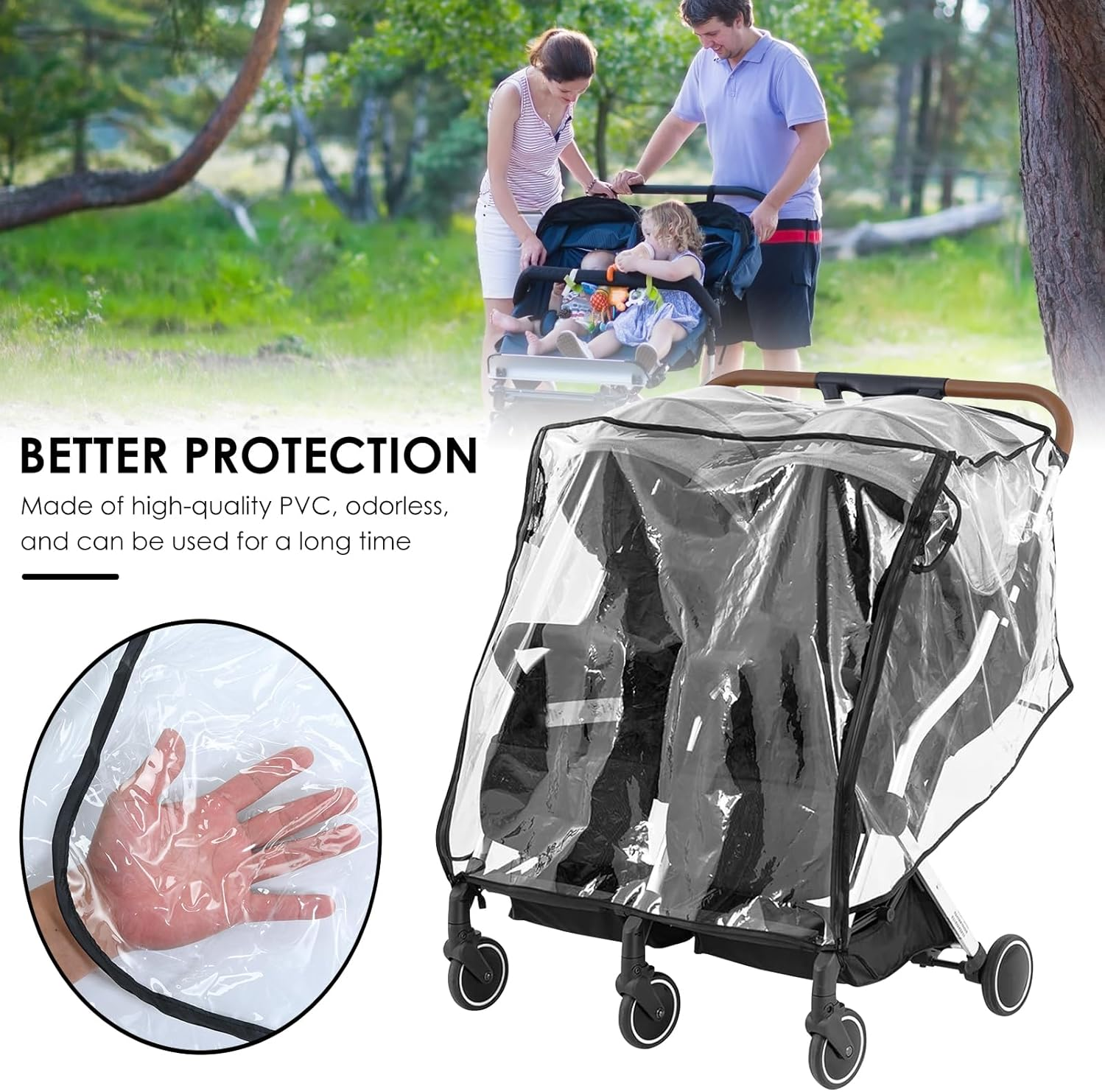 Double Stroller Rain Cover for Side by Side, Universal Rain Cover Baby Stroller Durable Stroller Raincoat Transparent Twins Stroller Cover Baby Outdoor Accessories for Outdoor Travel image number 4