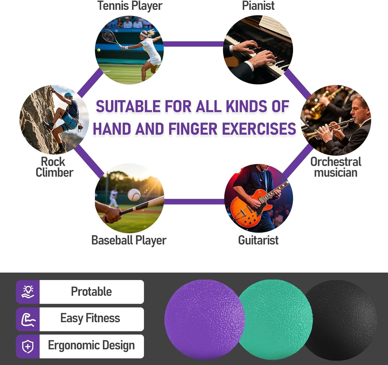 3 Pack Stress Balls for Adults, Squeeze Balls for Hand Therapy, Hand Strengthening Devices with Different Resistance Levels for Finger Forearm Wrist Exercise Relaxation and Pain Relief image number 5