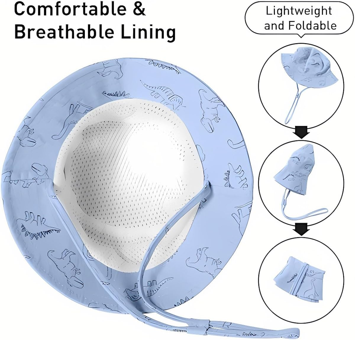 AIMALL Spring Summer Baby Sun Hat Cartoon Dinosaur Print, Wide Brim Sun Protection Fisherman Hat with Adjustable Chin Strap, Lightweight Breathable Cotton - Blue image number 7