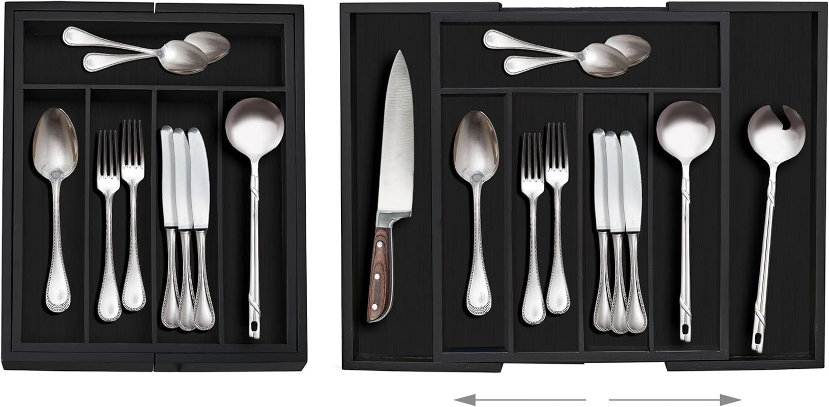 Relaxdays Bamboo Cutlery Tray, Extendable, 7 Compartments, for Utensils, 5.5 X 31.5-48.5 X 37 Cm, Drawer Insert, Black