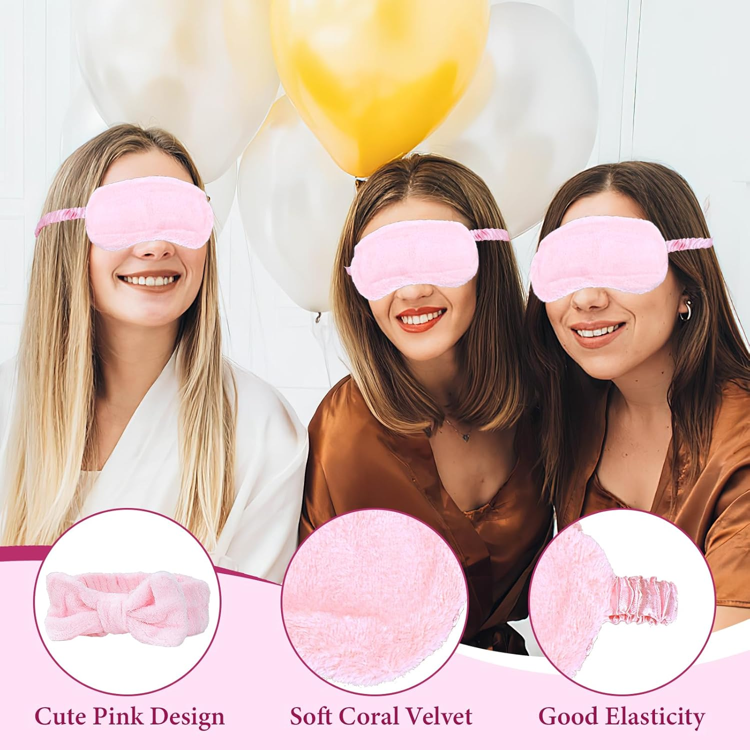 72 Pieces Spa Party Set 12 Pink Bow Headbands, 12 Eye Masks, 24 Plush Wrist Bands, 12 Hair Elastics, 12 Cosmetic Bags for Women Sleepover, Hen Party, Bridesmaid Gift