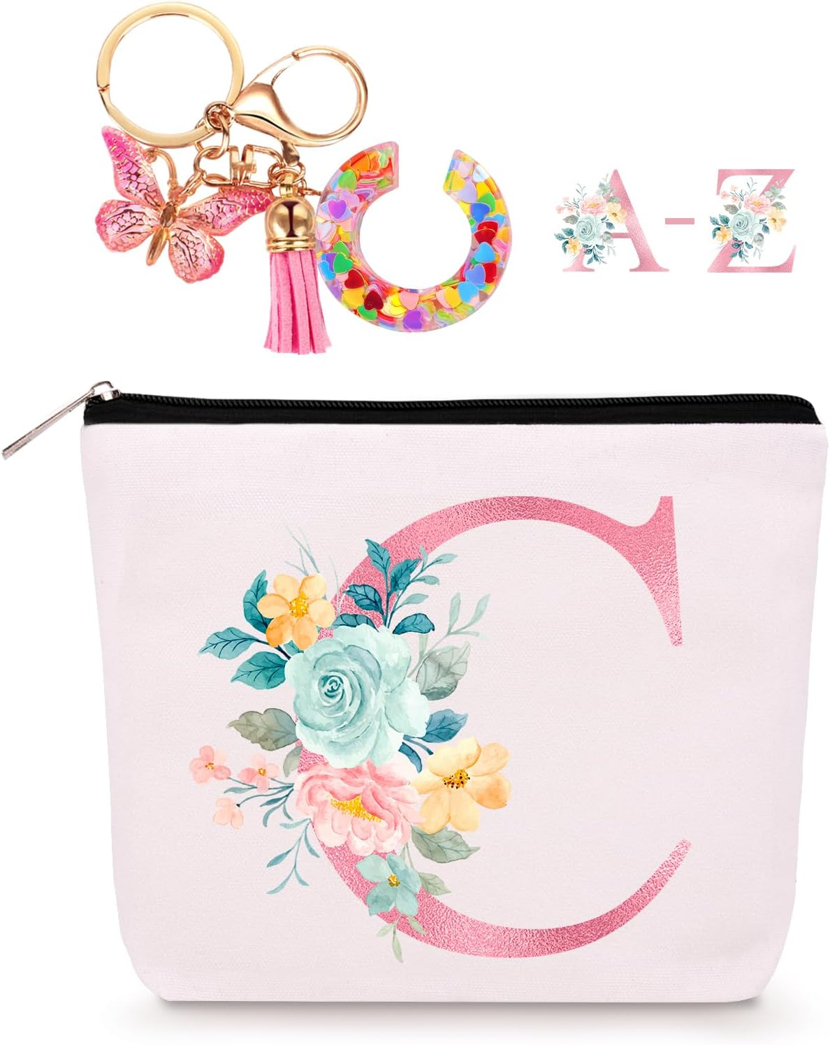 Personalized Makeup Bag with Initial Keychain, Custom Travel Initial Makeup Bag, Birthday Gifts for Women Girl Bridesmaid Teens Teacher, Monogram Small Cosmetic Preppy Toiletry Pouch, J,