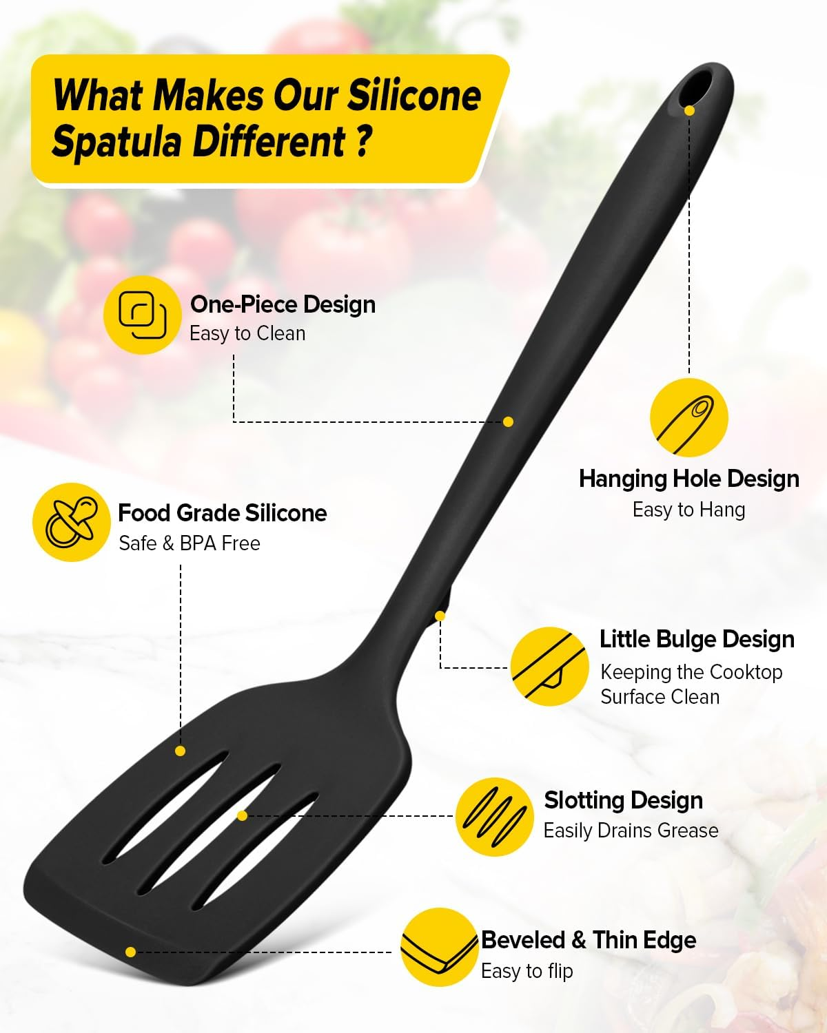 Pack of 2 Silicone Spatula Turners, Non Stick Slotted Kitchen Spatula Set, Heat Resistant BPA Free Kitchen Utensils, One-Piece Design, Suitable for Flipping Fish, Eggs, Steak, Pancakes(Black) image number 6