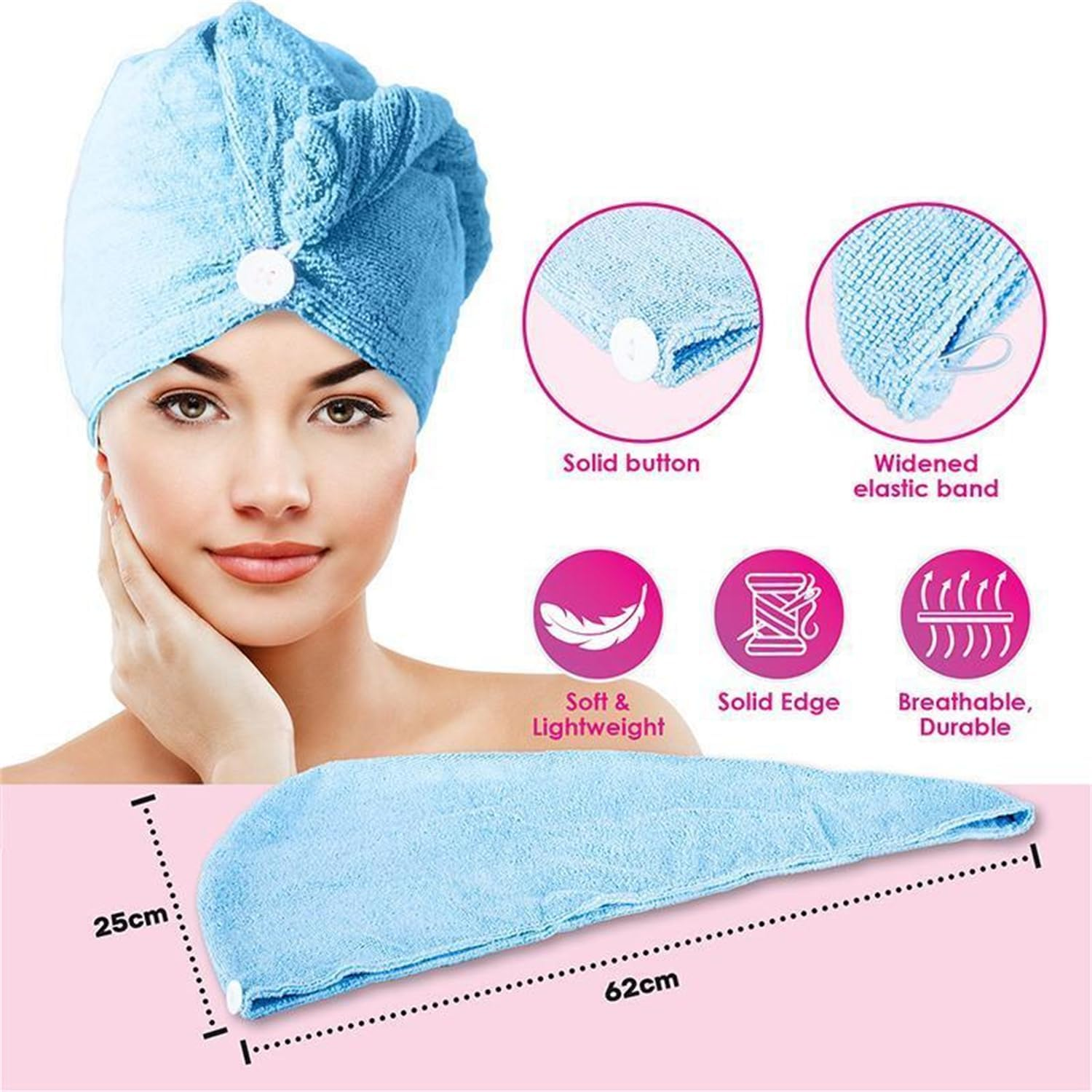 Leona Co Microfiber Hair Towel Wrap, Hair Turban Towel Super Absorbent Twist Dry Hair Caps with Buttons Bath Loop Fasten Salon Dry Hair Hat (Randomly Color) image number 1