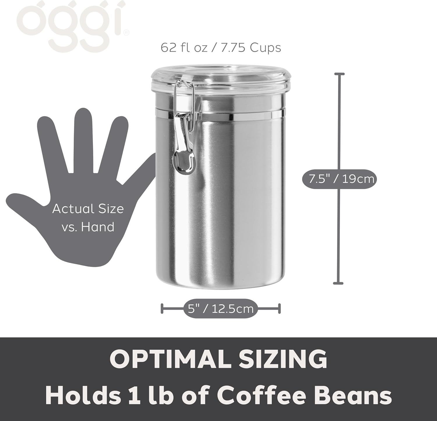 OGGI Stainless Steel Kitchen Canister 62Oz - Airtight Clamp Lid, Clear See-Thru Top - Ideal for Kitchen Storage, Food Storage, Pantry Storage. Large Size 5" X 7.5". - 26-Fluid Ounces, Stainless Steel image number 5