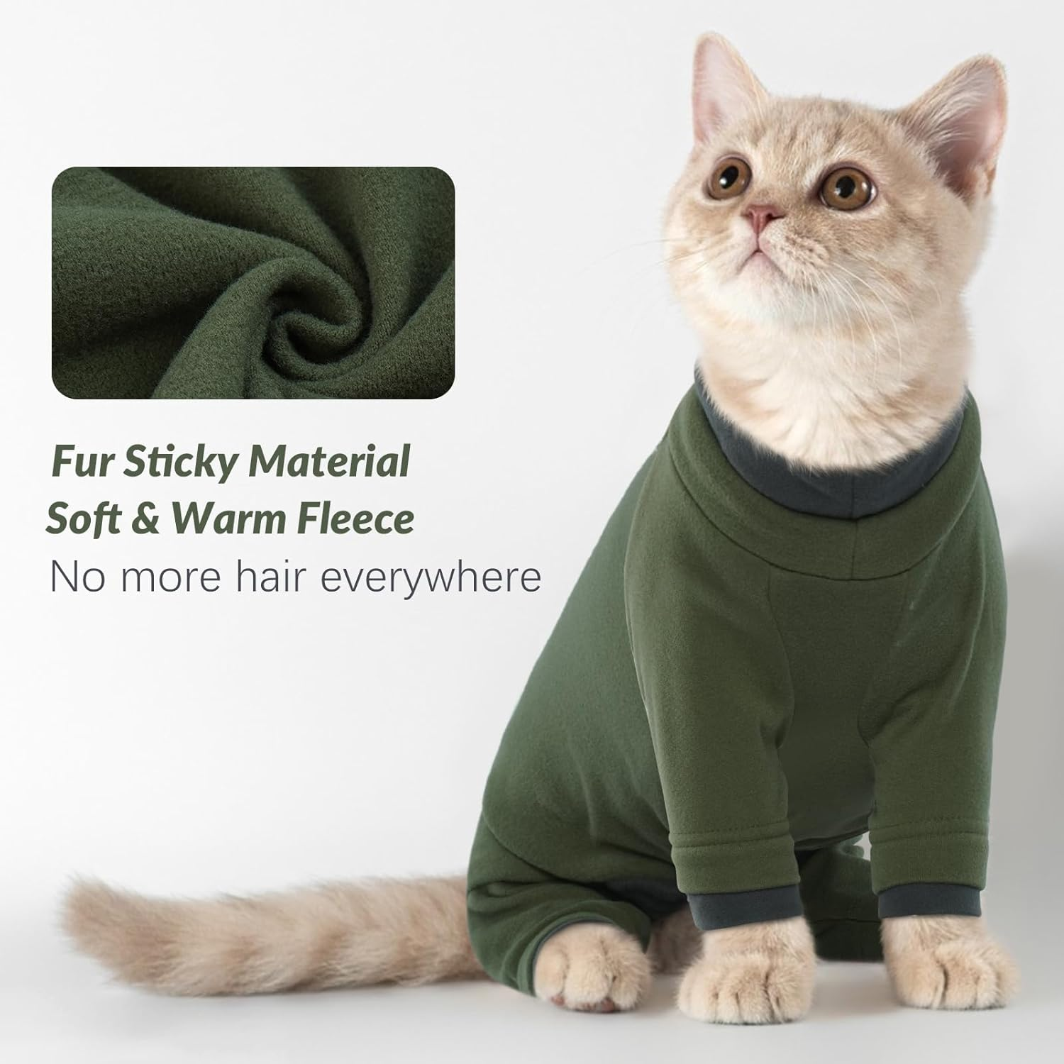 Kitten Clothes, Soft Pajama Winter Jacket Kitten Onesie Overall Four-Legged Warm Clothes Cat Recovery Suit Female after Surgery Hair Sticky Onesie(Army Green, XS) image number 5