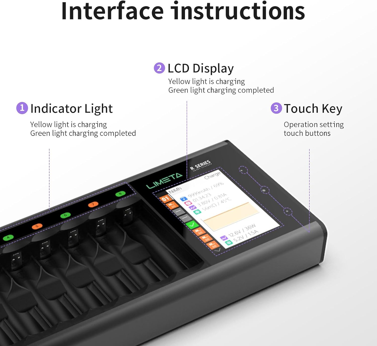 LIMETA 16 Slots Smart Battery Charger,Speedy Fast Charging Function with LCD Display,Universal Battery Charger for AA AAA Li-Lon, Lihv, Nimh, Nicd, Hife, Nizn Rechargeable Batteries image number 4