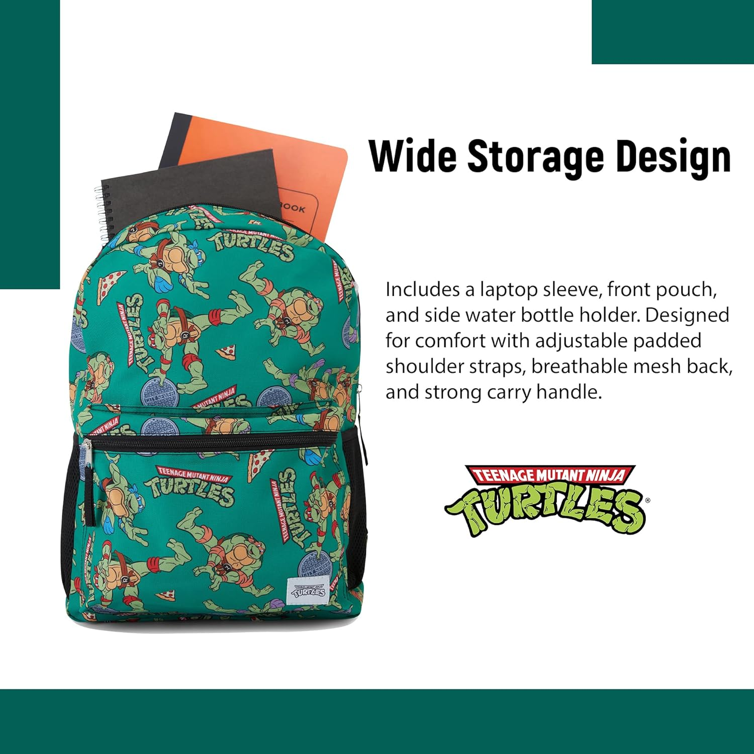 Teenage Mutant Ninja Turtles Backpack - Leonardo, Donatello, Michelangelo & Raphael - Officially Licensed TMNT School Bookbag image number 4