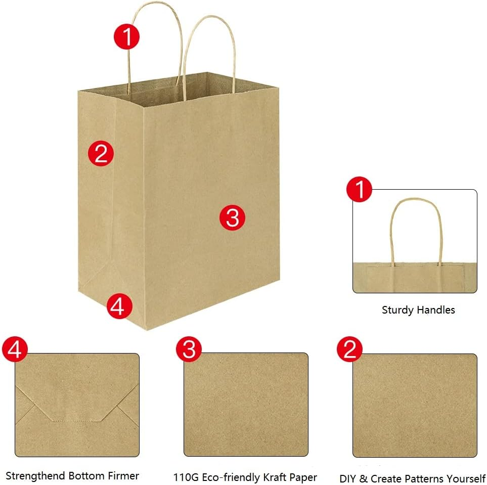 Oikss 100 Pack 8X4.75X10 Inch Medium Plain Natural Paper Bags with Handles Bulk, Kraft Bags for Birthday Party Favors Grocery Retail Shopping Business Goody Gift Bags Sacks (Brown 100 PCS Count) image number 4