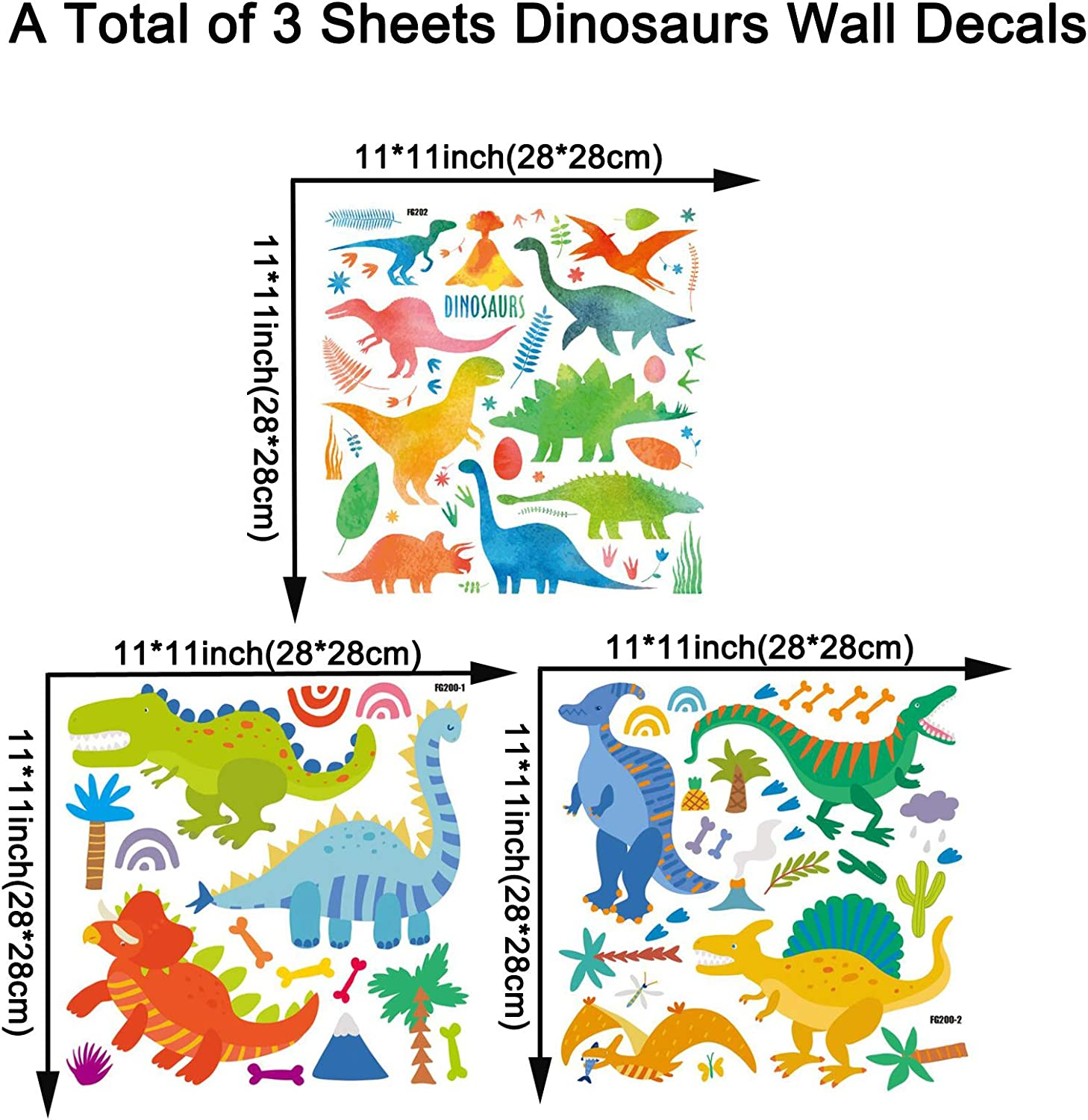 Maydahui 3 Sheets（95 Count） Dinosaurs Wall Decals Colorful Assorted Dino Animal Stickers Peel and Stick Removable Wall Sticker for Bedroom Living Room Playroom Home Decoration image number 1