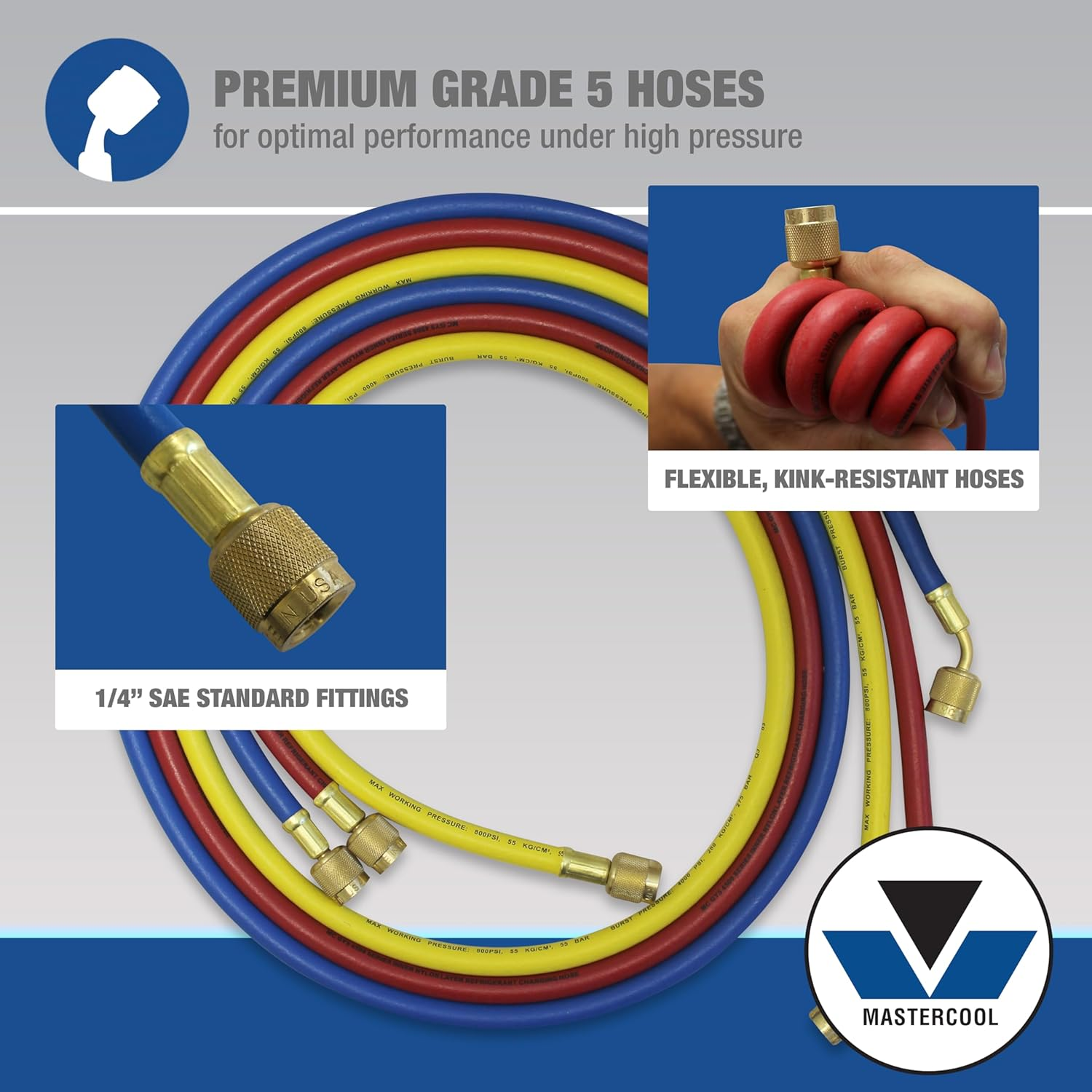 Mastercool 59161 2-Way Heavy Duty Brass Manifold Gauge Set with 3 1/8" Silicone Dampened Gauges and 1/4" SAE Fittings for R410A, R22, R404A - U.S. Assembled & Tested with 60" Hoses image number 4