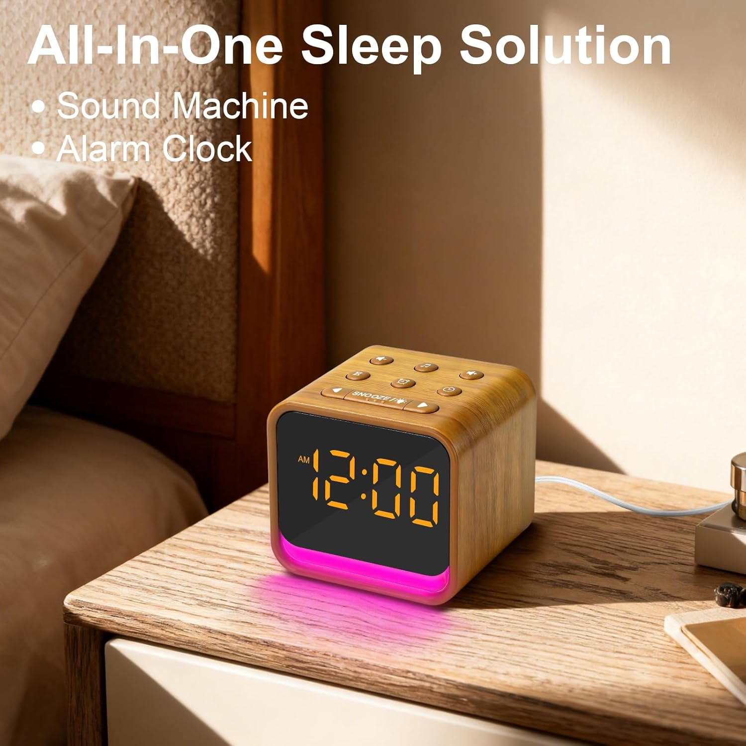 Omebel 2-In-1 White Noise Machine & Alarm Clock, 24 Soothing Sounds, 7 Color Night Light, Portable Sound Machine for Baby & Adult Sleep, Timer & Memory Function