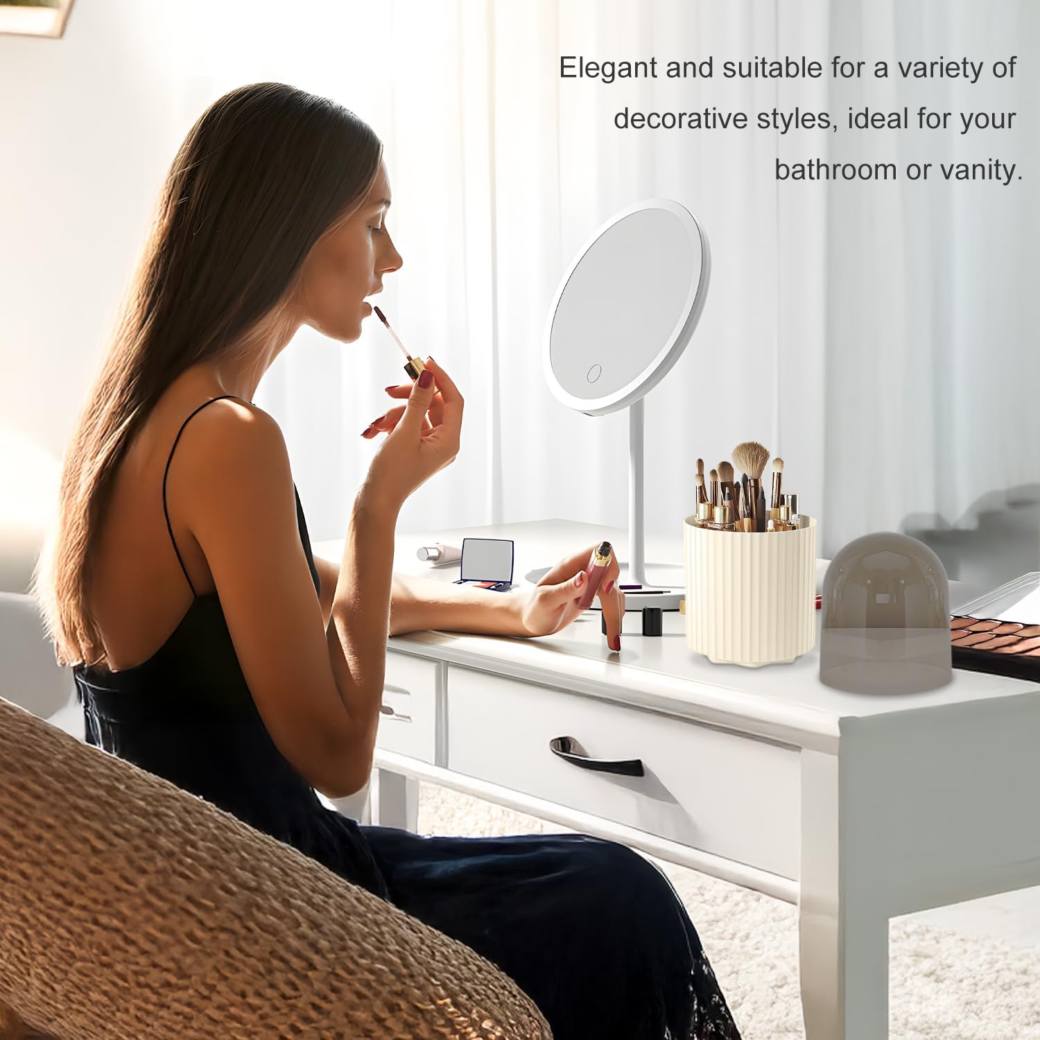 TORMEN Makeup Brush Holder Organizer with Lid 360&deg; Rotating Dustproof Compartment Cosmetic Display Case for Vanity Bathroom Countertop (White) image number 1