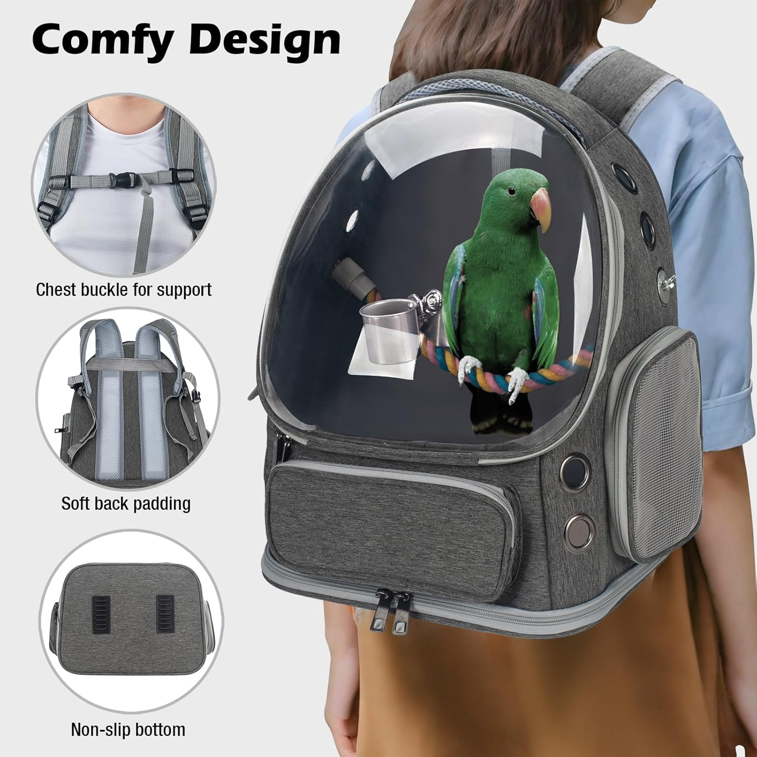 Bird Backpack Carrier Travel Cage with Perch, Tray and Breathable Clear Window, Bird Travel Cage for Cockatiel Caique Conure Quaker, for Vetting Camping Hiking (Grey) - Green image number 2