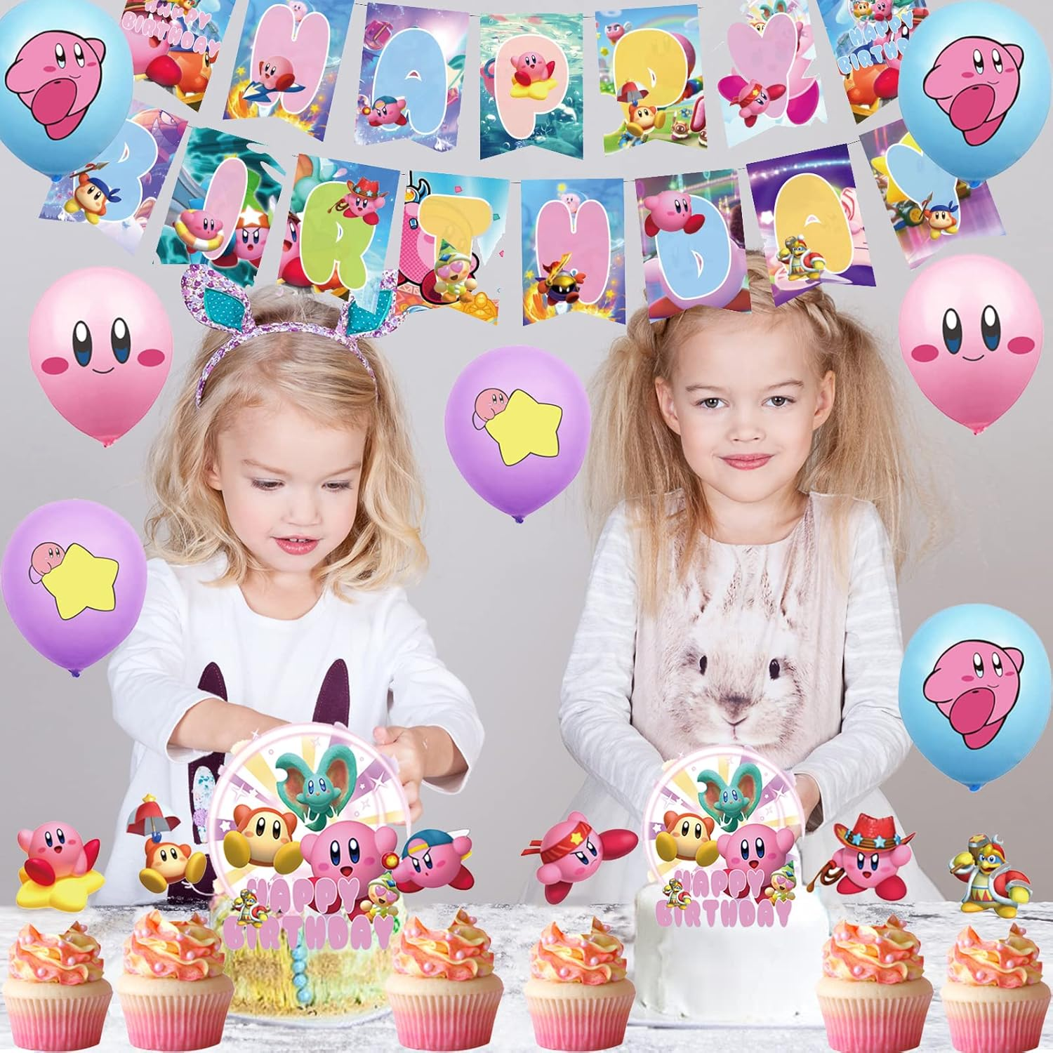 Kirby Children'S Birthday Decoration Pack: Kirby Balloons, Cake Toppers, Garland in Pink image number 4