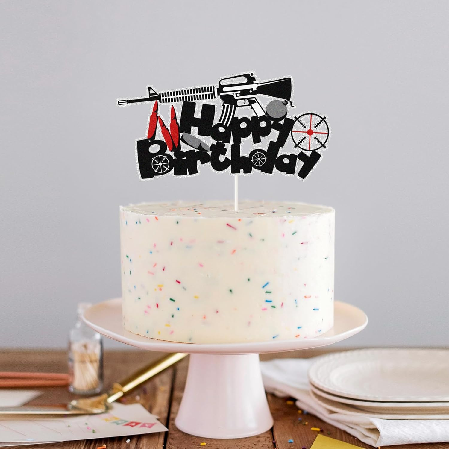 Glitter Gun Happy Birthday Cake Topper,Bullet Target Birthday Cake Decor Target Shooting Enthusiast Party Decoarions