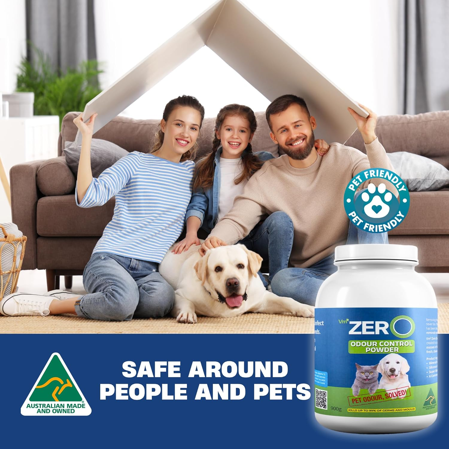 Vm3 Zero Odour Control Powder &ndash; 900G Pet & Carpet Odour Neutraliser, Fast & Easy Urine Cleaner, Absorbs Liquids, Eliminates Smells, Kills Germs, Pet & Home Safe &ndash; Australian Made image number 1
