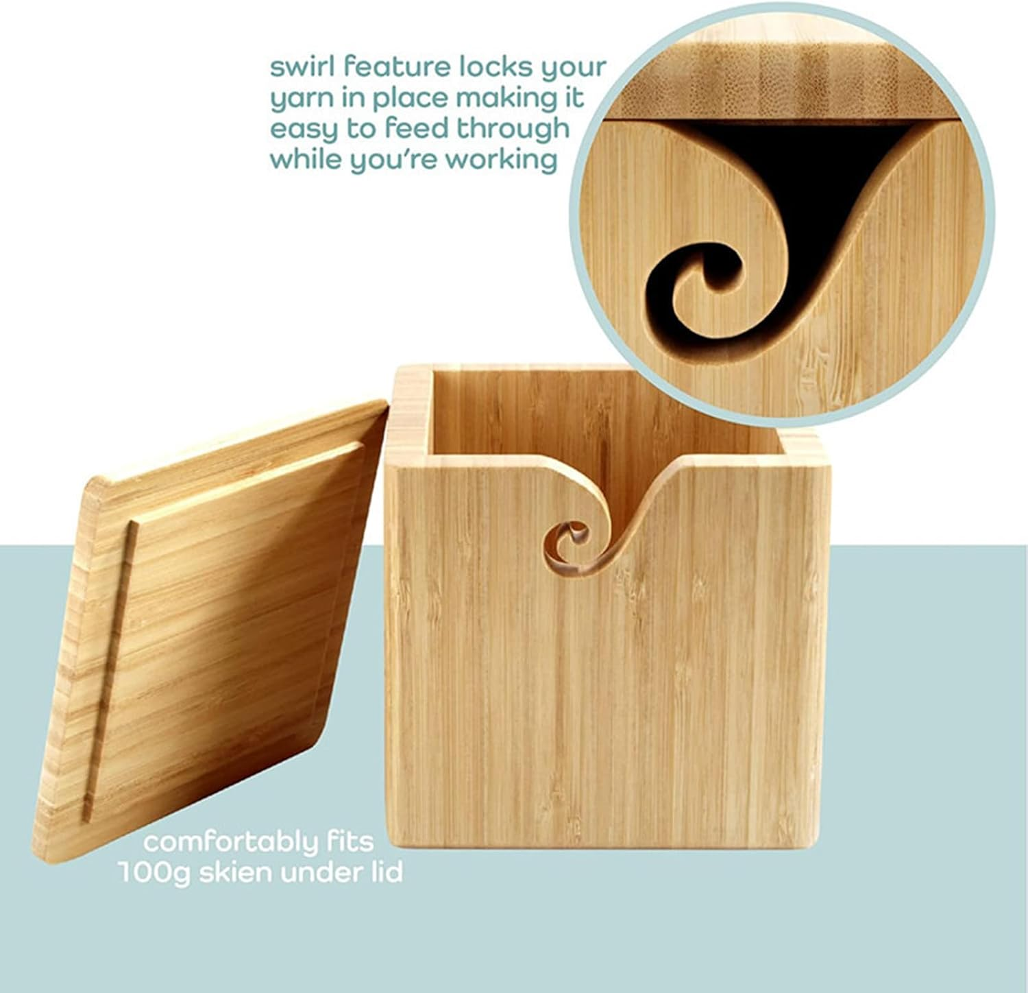 Joyeee Extra Large Bamboo Yarn Bowl with Lid, XL Knitting Box Case for Storage Big Wool Ball, DIY Wool Braid Craft, Handmade Square Cube Crochet Bowl for Wife, Mum, Grandmother 7.7 X 7.7 X7 Inch image number 5