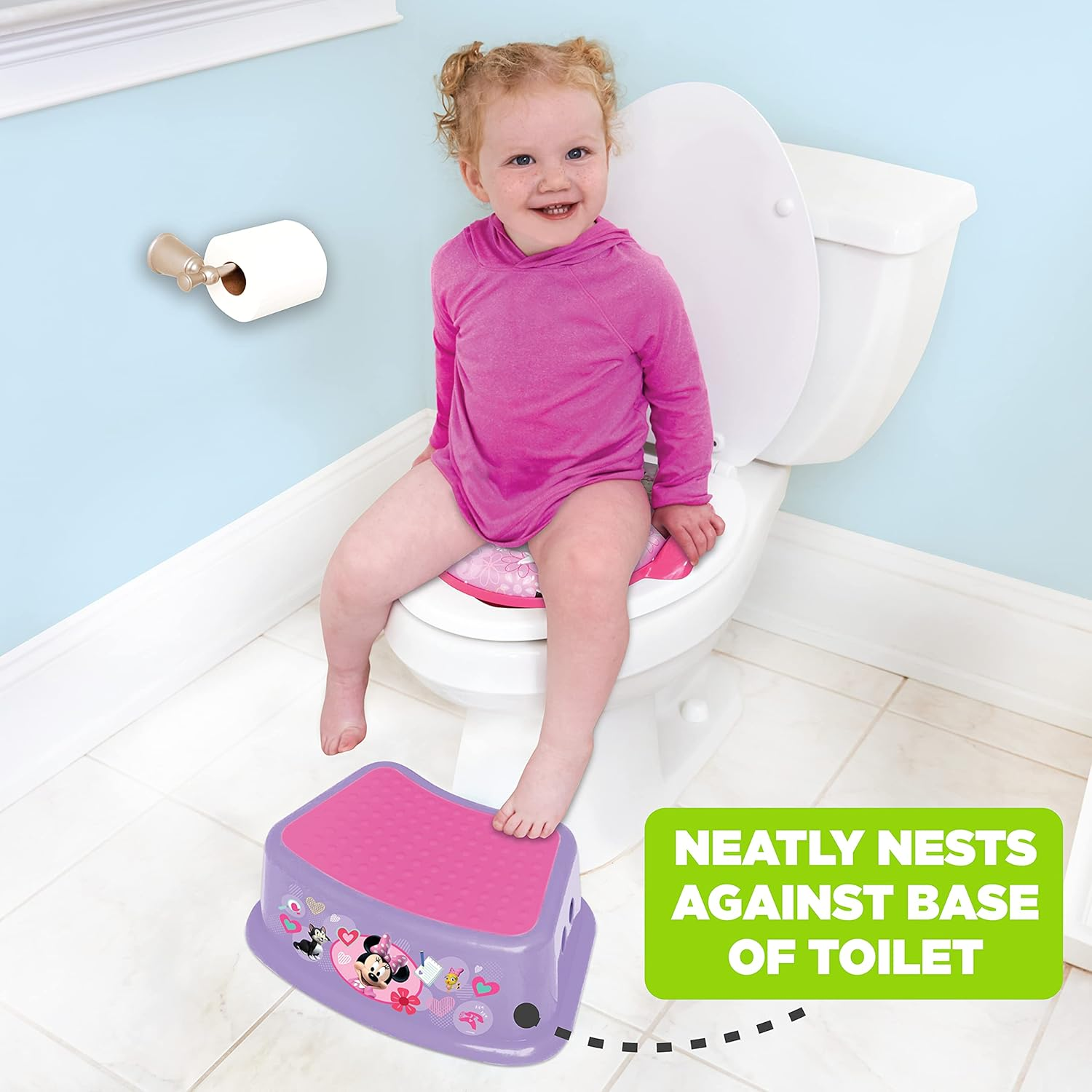 Disney Minnie Mouse Happy Helpers Bathroom Step Stool for Kids Using the Toilet and Sink, Pink and Purple, 12.1"X4.7"X9.4"