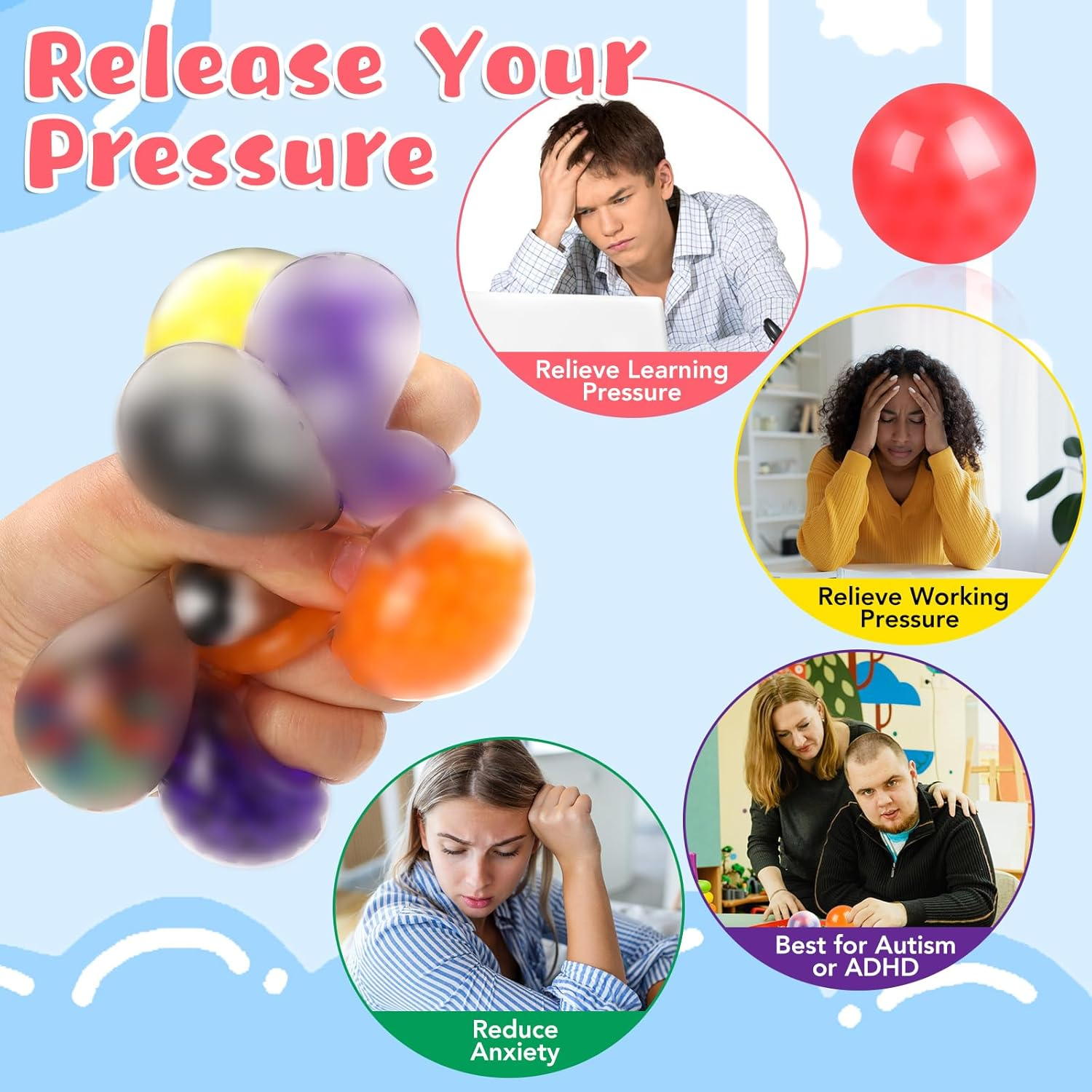 28 Pack Squishy Ball, Fidget Ball, Stress Balls Bulk for Adults, Anxiety and Stress Relief Ball for Adults, Stress Ball for Birthday Gift, Party Favors, Goodie Bag Stuffers image number 1