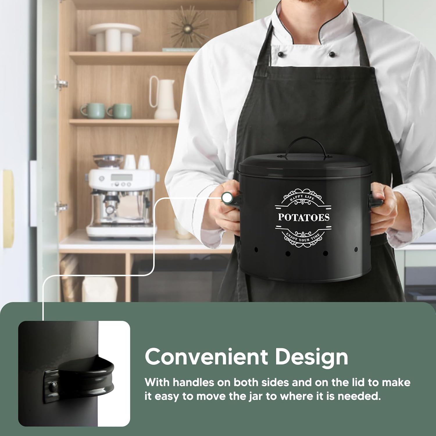 Set of 3 Potato Onion Garlic Storage Bins Kitchen Vegetable Storage Tins Potato Storage Jars with Lids Onion Storage Containers with Ventilation Holes Keeps Vegetables Fresh Longer (Black) - Grey image number 3