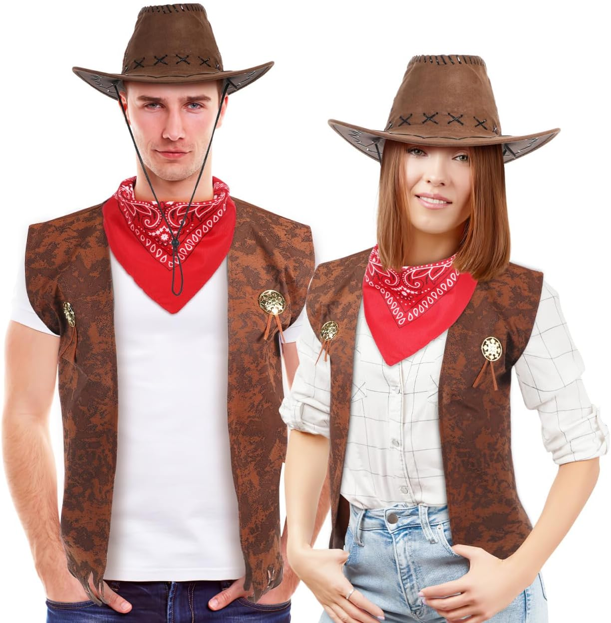VICASKY Western Outfits for Men, 3Pcs Halloween Suede Leather Vest Scarf Hat Cowboy Tassel Vest Hat Paisley Bandana for Halloween Cosplay Accessory image number 2