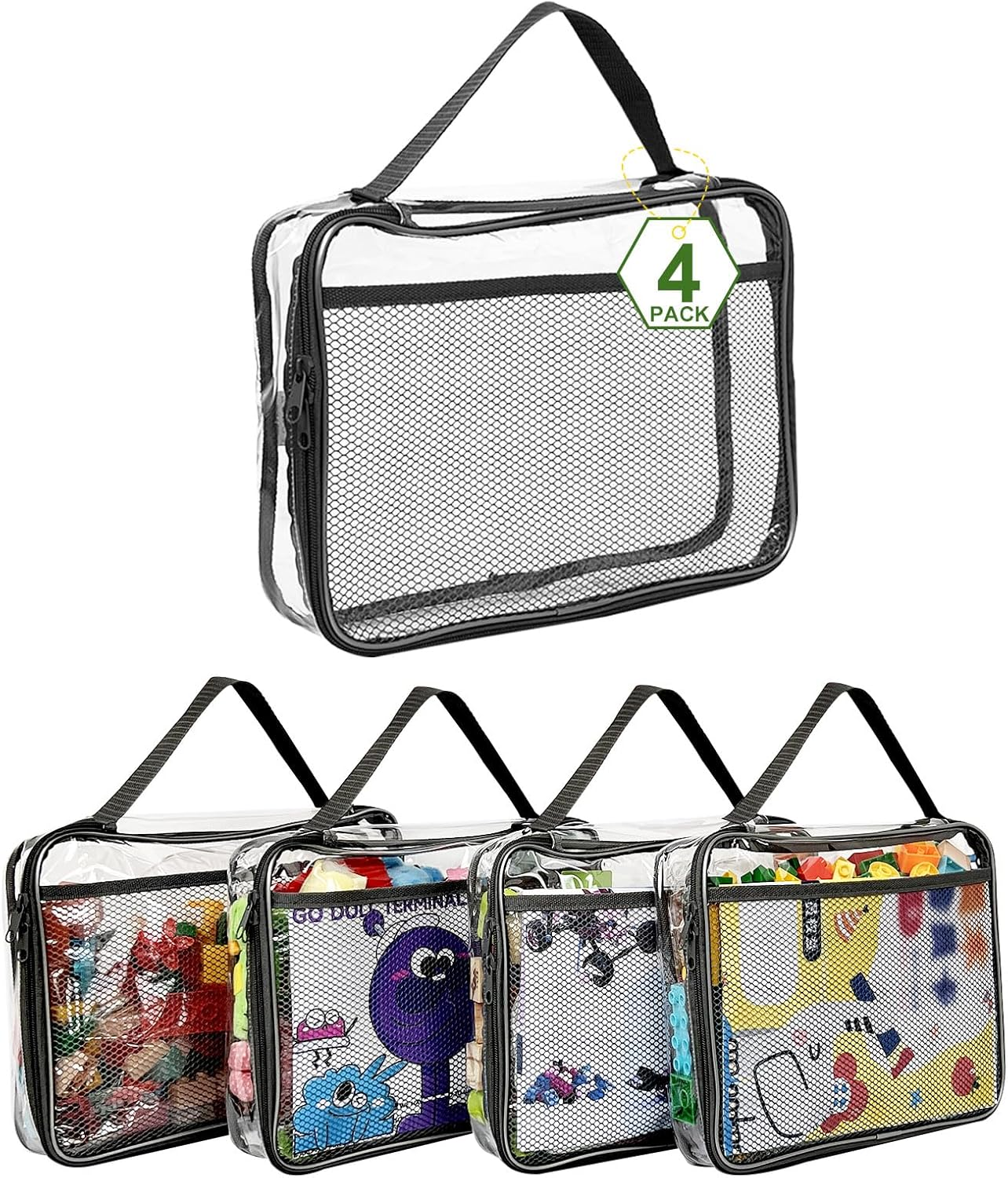 VERONLY 4 Packs PVC Toy Zippered Blocks, 13.3"X3" X10.4" Travel Storage Case Bags for Organizing, Waterproof Toy Storage Bags with Mesh Pockets for Building Blocks, Puzzles, Clays,Toy Cars (Black)