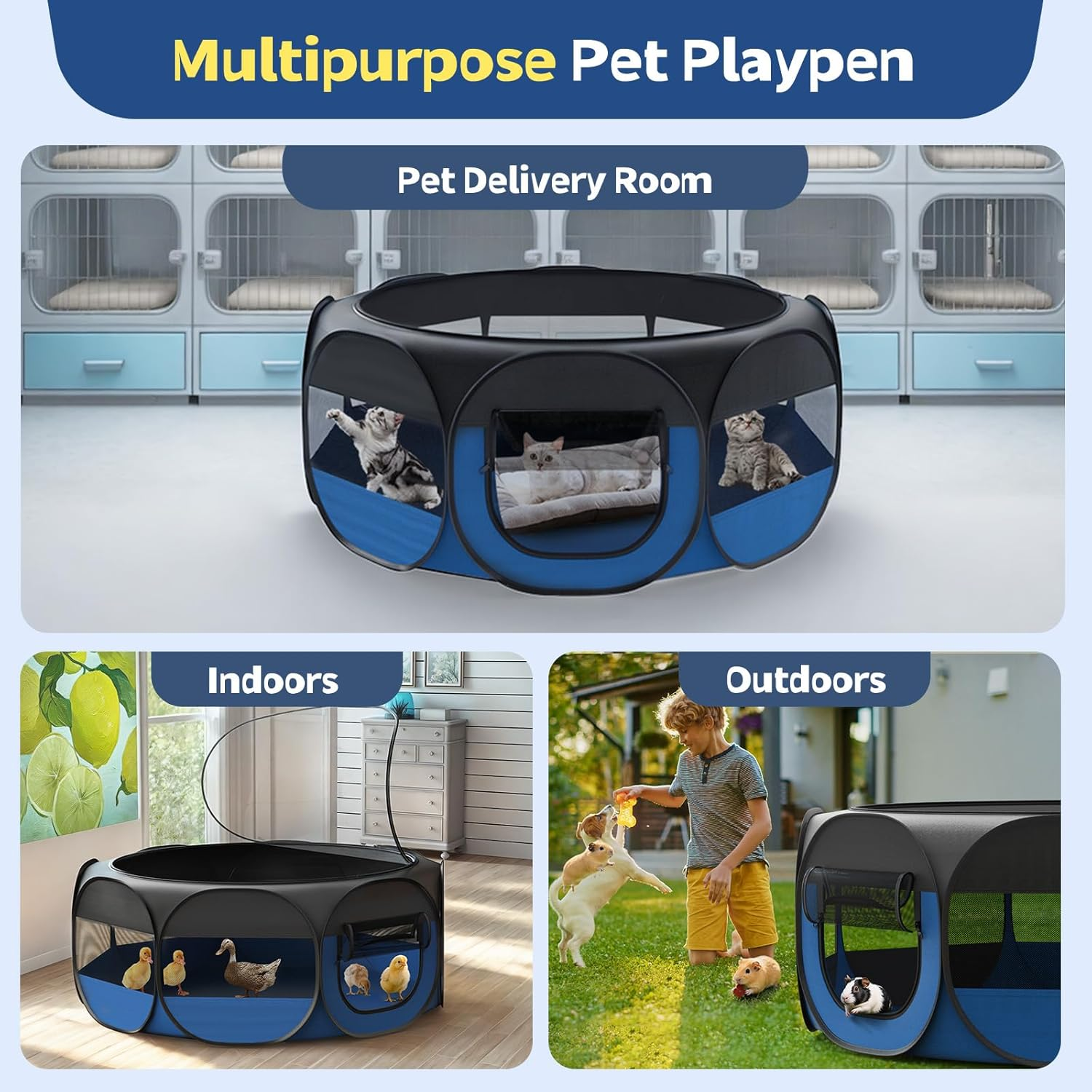 Vavopaw Pet Playpen for Small Animals, Breathable Cat Tent with Removable Zip & Waterproof Base, Portable Cat Playpen for Puppies, Rabbits, for Indoor/Outdoor, Black + Blue image number 2
