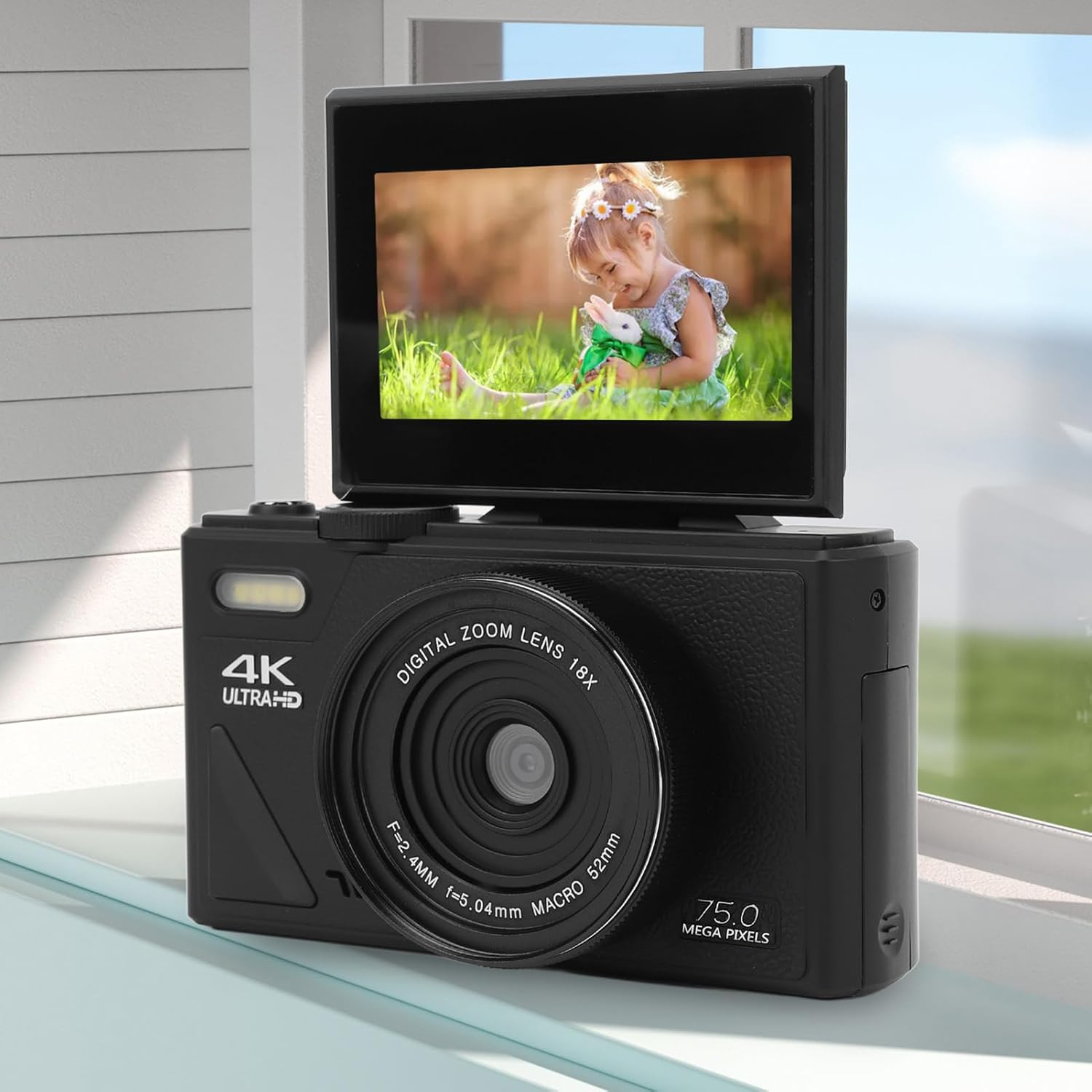 5K 75MP Digital Camera, with 18X Optical Zoom Stabilization, 3 Inch Flip Screen, Retro Digital Camera, Compact Camera, for Travel Photography Vlogging Family image number 2