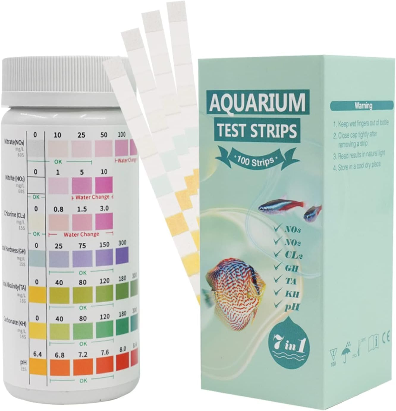 7 in 1 Aquarium Test Strips,100 Strips Fish Tank Test Kit for Testing Ph Nitrite Nitrate Chlorine General & Carbonate Hardness, Accurate Saltwater and Freshwater Aquarium Water Testing image number 5