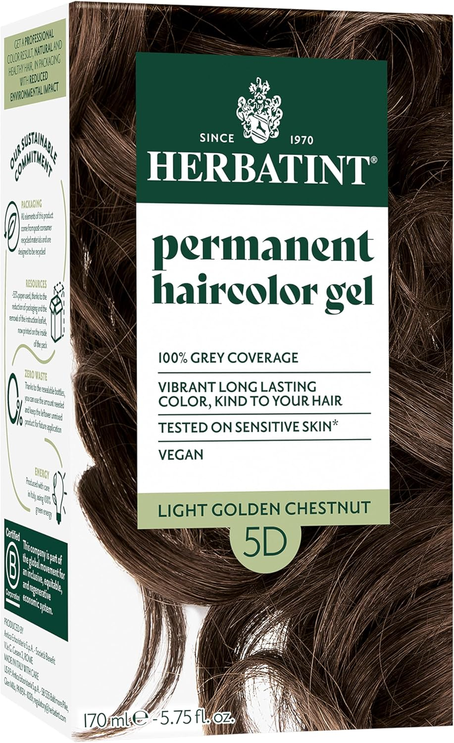 Herbatint Permanent Hair Dye for Women - 5D Light Golden Chestnut - for up to 100% Gray Coverage of Resistant Gray Hair - Ammonia-Free, Alcohol-Free & Vegan - Salon Influenced Hair Color 5.75 Fl Oz