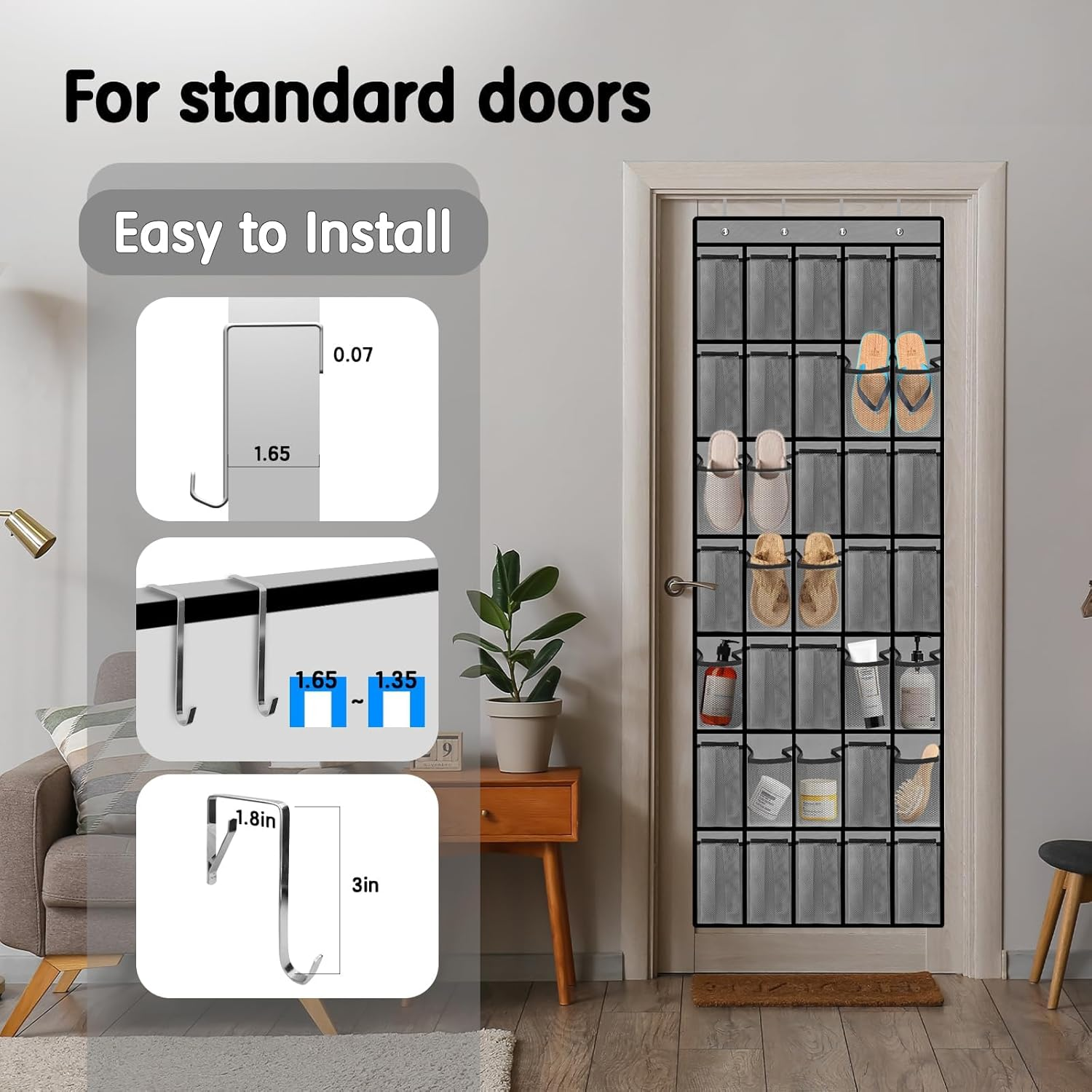 Over the Door Shoe Organiser, 35 Large Mesh Pockets, Space Saving Hanging Storage Holder, Closet Rack Hanger, Hangs on Closets for Shoes, Accessories, Black image number 6