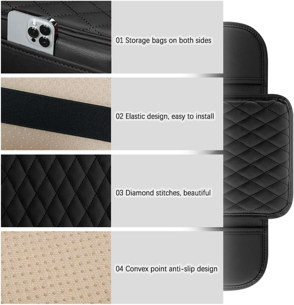 Arm Rest Cover for Car,Leather+Memory Foam Center Console Cover with Storage Bags,Universal Middle Console Cover Car Accessories Interior for Most Car Center Consoles (Black) image number 4